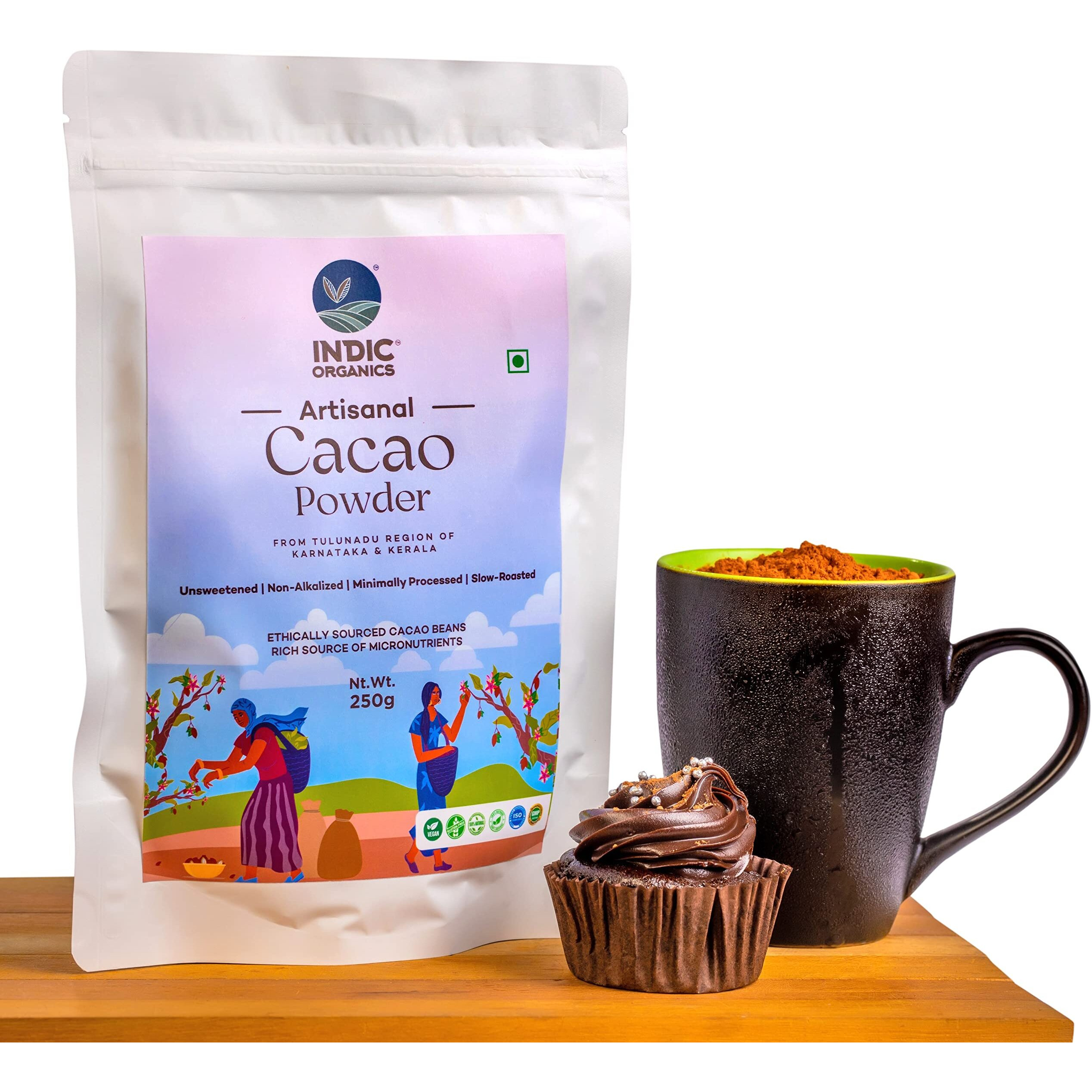 INDIC ORGANICS Artisanal Cacao Powder From Tulunadu Region Of Karnataka & Kerala | Non-Alkalized, Unsweetened, Slow Roasted & Minimally Processed | For Hot Chocolate & Baking (500 G)