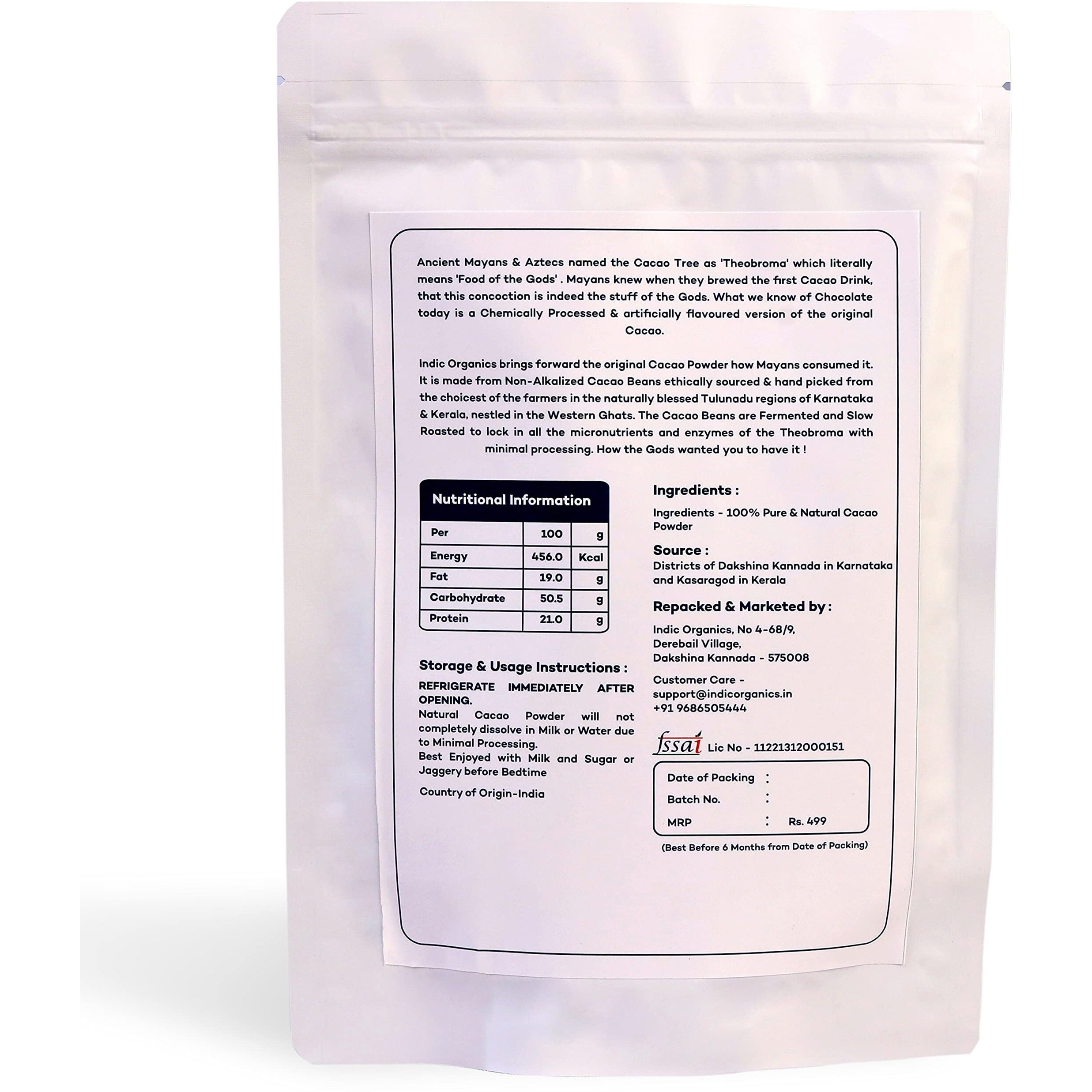 INDIC ORGANICS Artisanal Cacao Powder From Tulunadu Region Of Karnataka & Kerala | Non-Alkalized, Unsweetened, Slow Roasted & Minimally Processed | For Hot Chocolate & Baking (500 G)