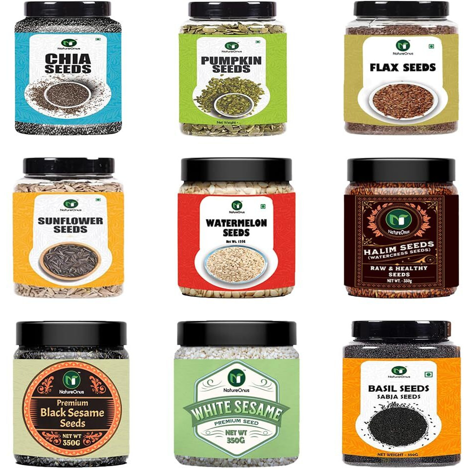 NatureOnus All Raw Seeds Combo Pack of 9-1125g | Chia, Pumpkin, Sunflower, Flax, Watermelon, Halim, White Sesame, Black Sesame & Basil Seeds 125g Each | Seeds Mix Superfoods for Eating Combo Pack