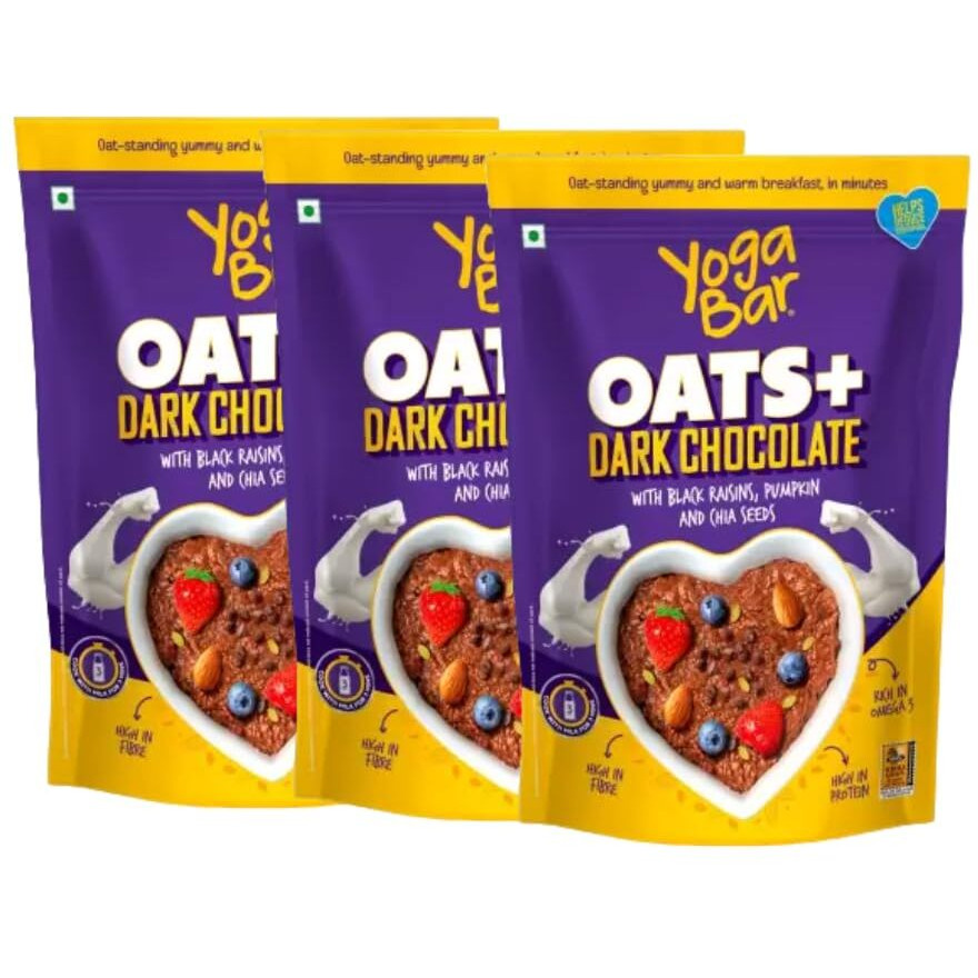 Yogabar Dark Chocolate Oats 1kg, Pack of 3 | Gluten Free Golden Oats | Healthy Breakfast Cereal with Wholegrain Oats (Dark Chocolate Oats,