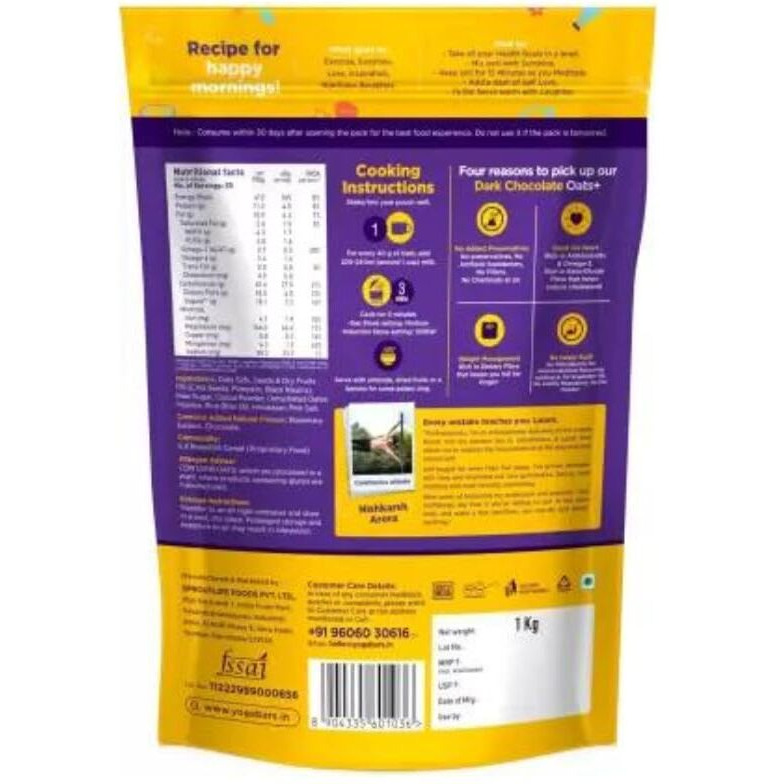 Yogabar Dark Chocolate Oats 1kg, Pack of 3 | Gluten Free Golden Oats | Healthy Breakfast Cereal with Wholegrain Oats (Dark Chocolate Oats,