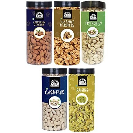 WONDERLAND FOODS (DEVICE) Dry Fruits Combo Almonds NP 500g, Cashews W320 500g, American Pistachios 500g, Long Green Raisins 500g, Walnut Kernels 350g - 2350g (Jar)