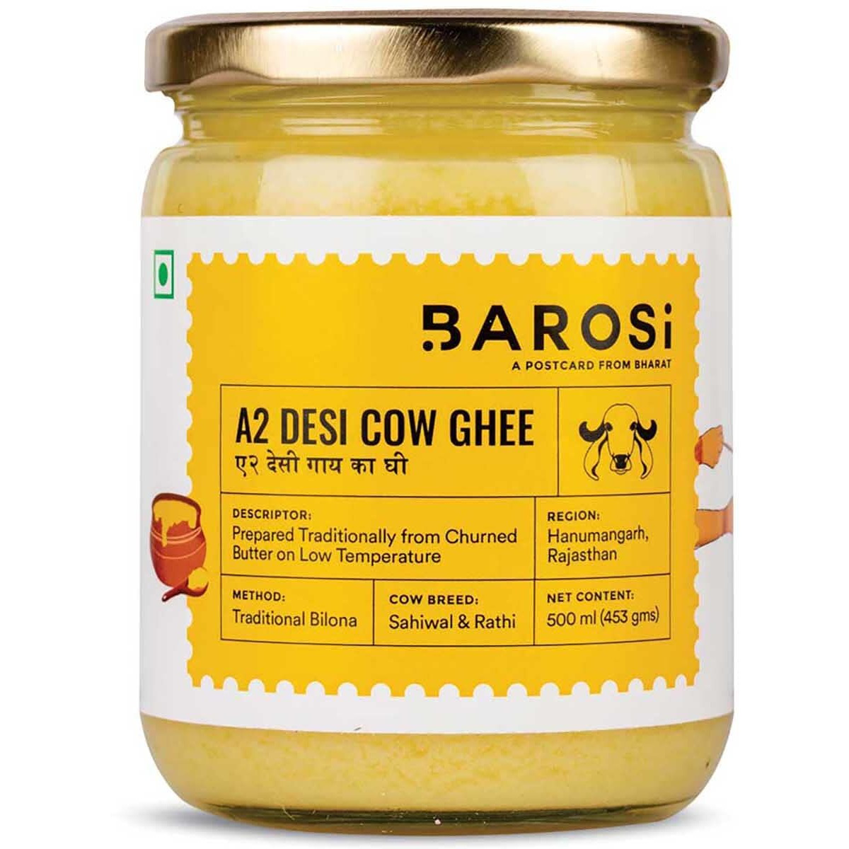 Barosi Premium A2 Cow Ghee 500 millilitre | A2 Danedar Desi Ghee | Churned from Curd with Bilona Method | Pure & Aromatic | Organic, Farm Made in Small Batches | Glass Jar Packing