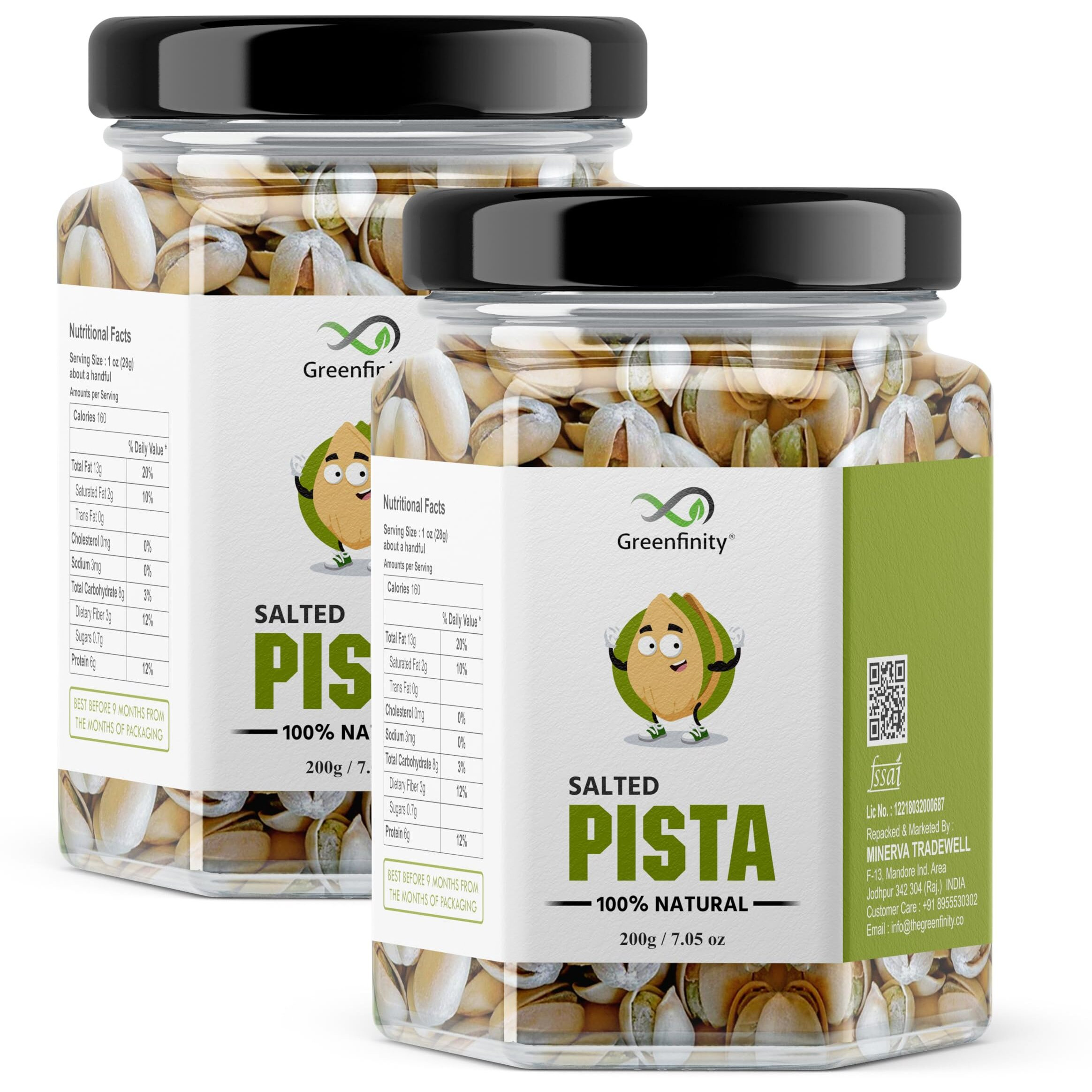 GreenFinity Fresh Whole Roasted Salted Pistachios | Salted Pista With Shell 200g (Pack of 2) [Jar Pack] - 400g