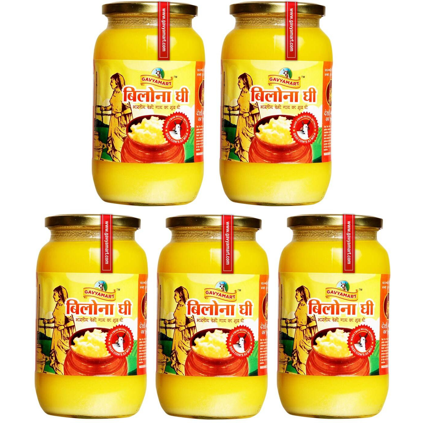 Gavyamart Bilona ghee 100% Fresh Pure Desi Kankrej Organic Non GMO Cow Ghee-Made Using Traditional Bilona Method - Glass jar pack (Pack of 5)