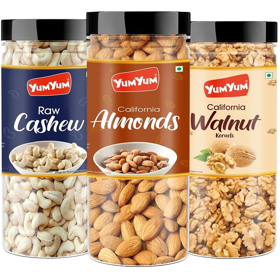 YUM YUM Dry fruits combo pack of Almonds, Cashew & Walnut | akhrot, kaju & badam 450gm - Almonds, Cashews, Walnuts