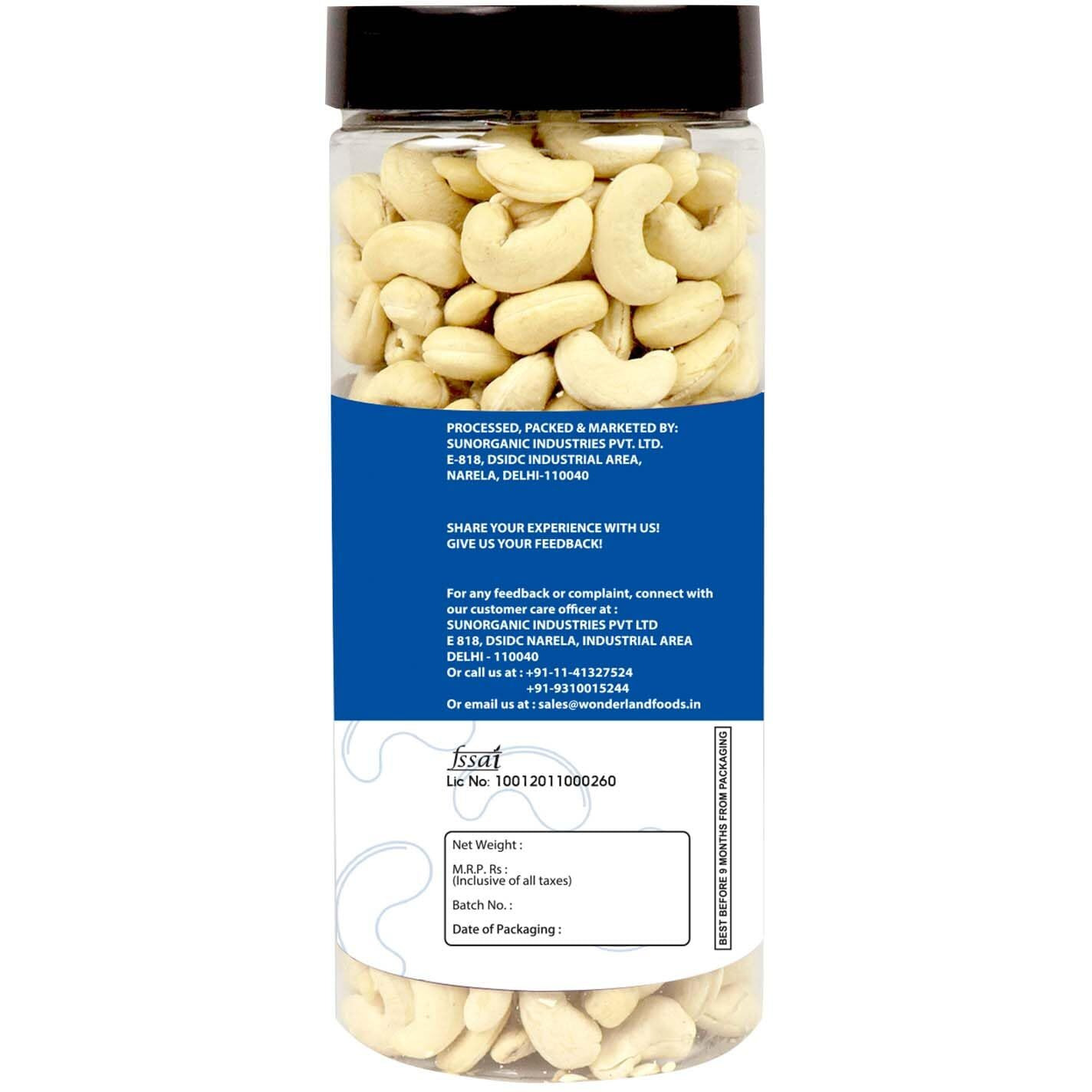 WONDERLAND FOODS Whole Raw Cashew (Kaju) W320-Grade 900g (450g X 2 Jar)