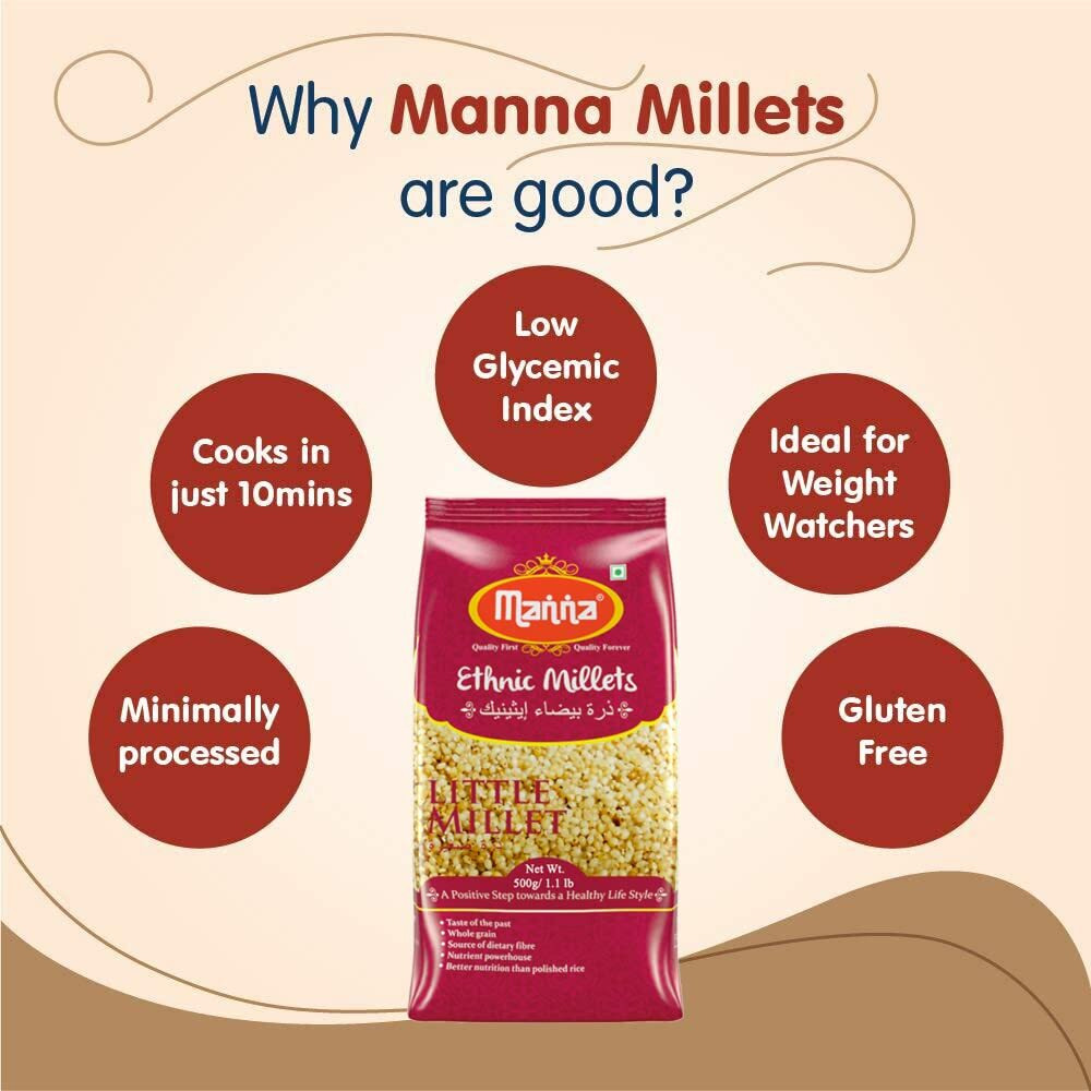 Manna Little Millet Unpolished 1Kg Natural Grains Kutki/Samai/Same/Samulu | Native Low GI Millet Rice | High Protein & 100% More Fibre than Rice -500g (Pack of 2)
