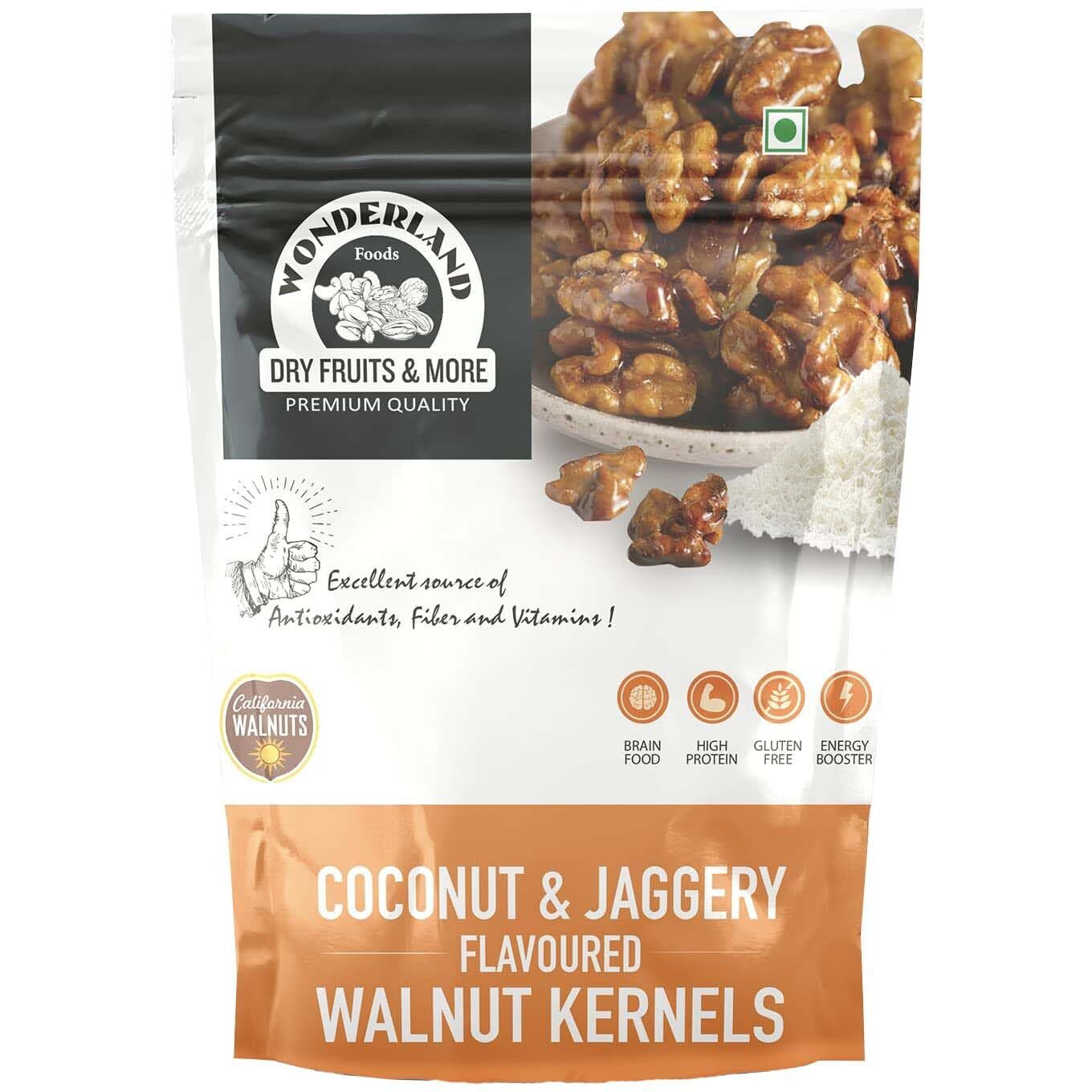 WONDERLAND FOODS (DEVICE) Dry Fruits California Walnut Kernels - Jaggery & Coconut Flavoured (Akhrot Giri) 200G Pouch (100G X 2)