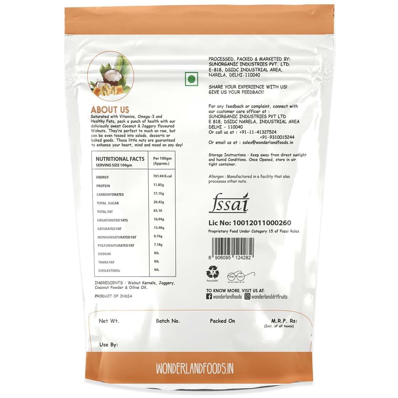 WONDERLAND FOODS (DEVICE) Dry Fruits California Walnut Kernels - Jaggery & Coconut Flavoured (Akhrot Giri) 200G Pouch (100G X 2)