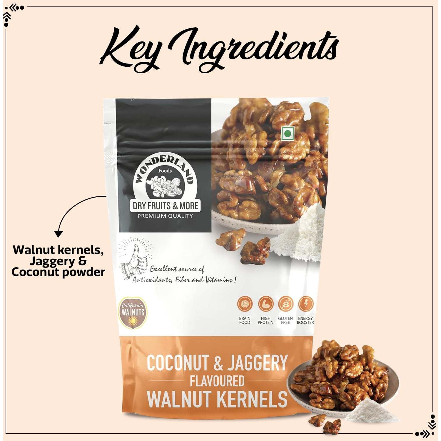 WONDERLAND FOODS (DEVICE) Dry Fruits California Walnut Kernels - Jaggery & Coconut Flavoured (Akhrot Giri) 200G Pouch (100G X 2)
