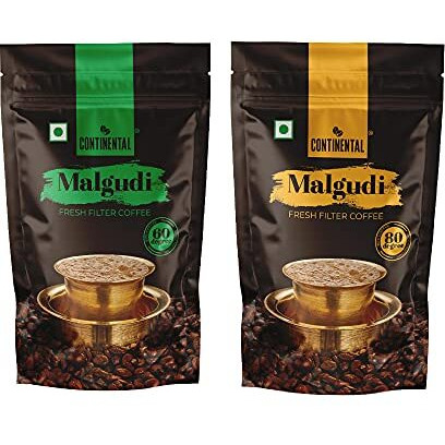 Continental Malgudi Filter Coffee Powder 500g Pouch Combo, Pack of 2 (80% Coffee - 20% Chicory and 60% Coffee - 40% Chicory), Bag