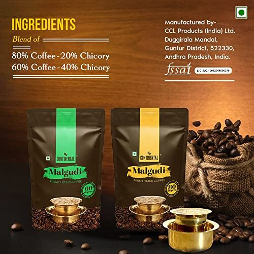 Continental Malgudi Filter Coffee Powder 500g Pouch Combo, Pack of 2 (80% Coffee - 20% Chicory and 60% Coffee - 40% Chicory), Bag
