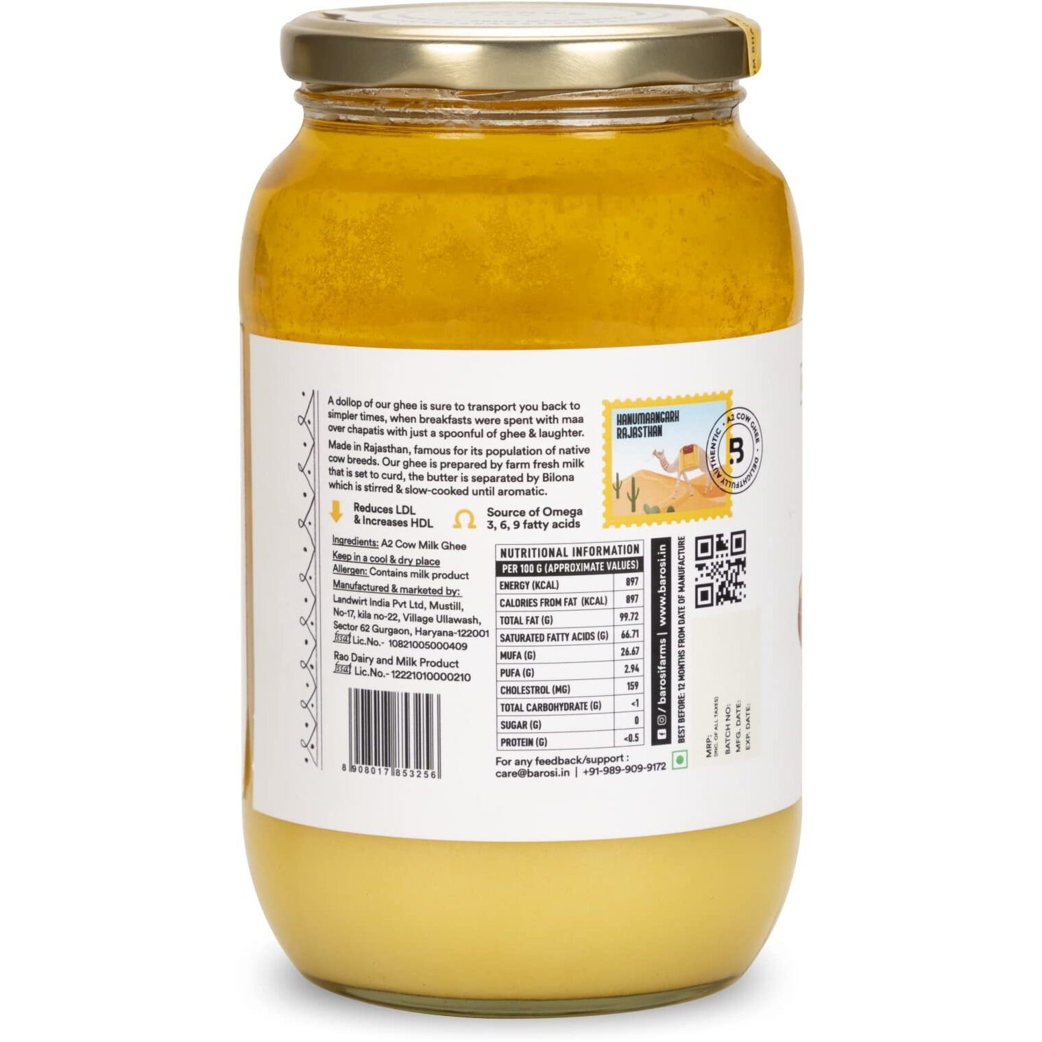 Barosi Premium A2 Cow Ghee 1 Litre | A2 Danedar Desi Ghee | Churned from Curd with Bilona Method | Pure & Aromatic | Organic, Farm Made in Small Batches | Glass Jar