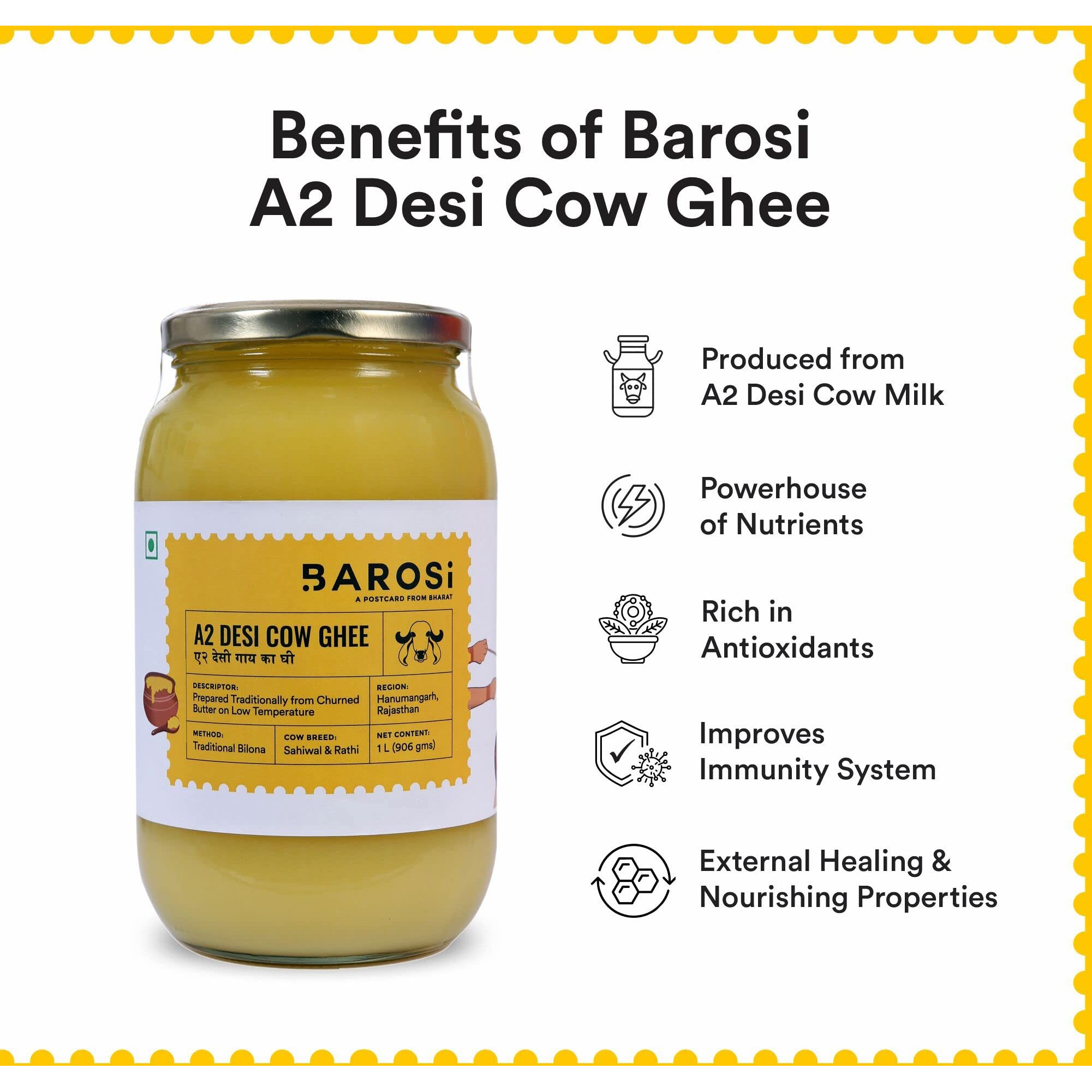 Barosi Premium A2 Cow Ghee 1 Litre | A2 Danedar Desi Ghee | Churned from Curd with Bilona Method | Pure & Aromatic | Organic, Farm Made in Small Batches | Glass Jar