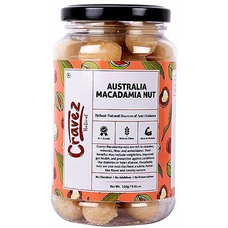 Cravez Exotic Macadamia Nuts - 250 Gram (Grade A ++ Nuts, Premium Jumbo Size, Imported) Richest Natural source Of Antioxidants | Healthy fats | Unsalted | Vegan | No additives | Packed in Vaccum pouch for Freshness