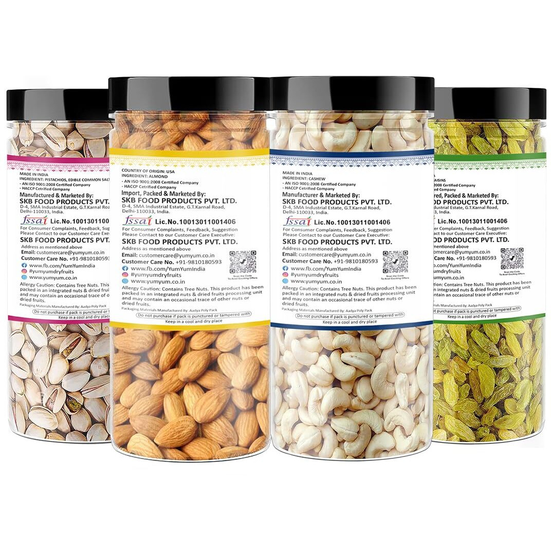 YUM YUM Premium Daily Needs Fresh and Healthy Dry Fruits Combo Pack 1Kg (Almonds 250g, Cashews 250g, Pistachios 250g & Kishmish Raisins 250g) Jar Each