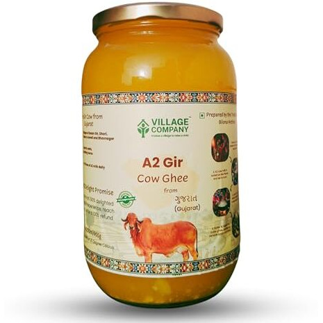 Village Company A2 Cow Desi Ghee 1000ML | Gir Ghee Vedic Bilona Method | Organic Pure Natural | Two Way Curd Churned - Best Farm Fresh Grass Fed Cattle Milk | India Lab Certified | Glass Jar One Litre