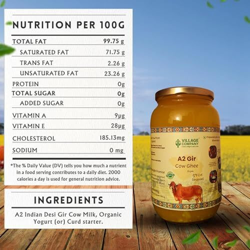 Village Company A2 Cow Desi Ghee 1000ML | Gir Ghee Vedic Bilona Method | Organic Pure Natural | Two Way Curd Churned - Best Farm Fresh Grass Fed Cattle Milk | India Lab Certified | Glass Jar One Litre
