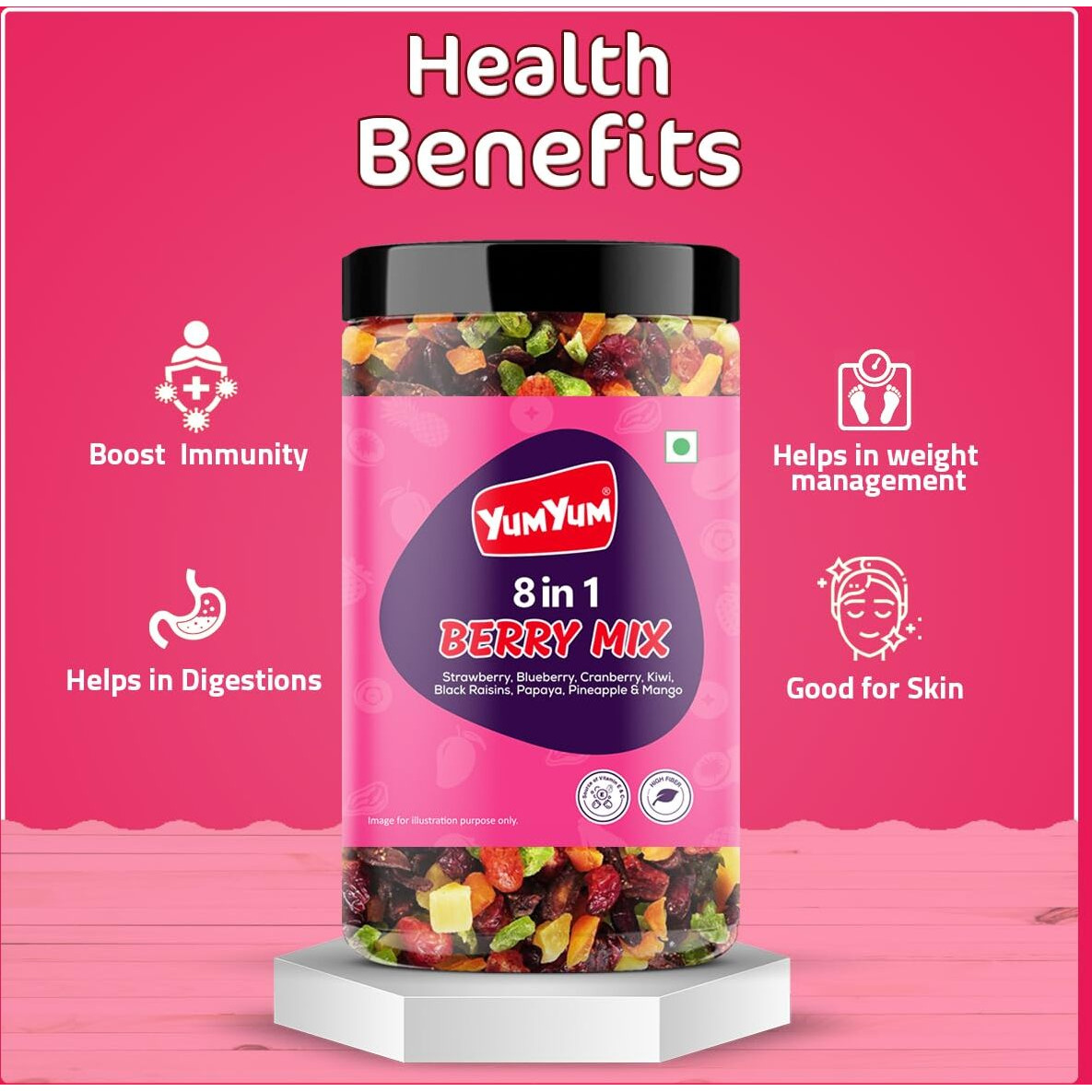 Yum Yum 8 in 1 Berry and Fruits Mix 400g Jar | Dried Berries | Healthy Snacks | Cranberry | Strawberry | Blueberry | Kiwi | Papaya | Pineapple | Mango | Black Raisins | Antioxidants | Ready to Eat