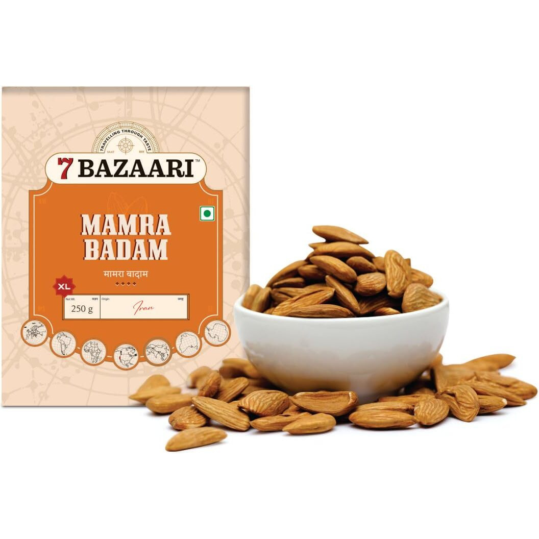 7 BAZAARI Premium Mamra Whole Almonds Xl 250G Extra Large & Crunchy Badam,Rich In Good Fats,Calcium,Potassium,Zinc,Magnesium-High Protein Snack,Low Carb,High Fiber-Boosts Heart Health (Pack Of 1)