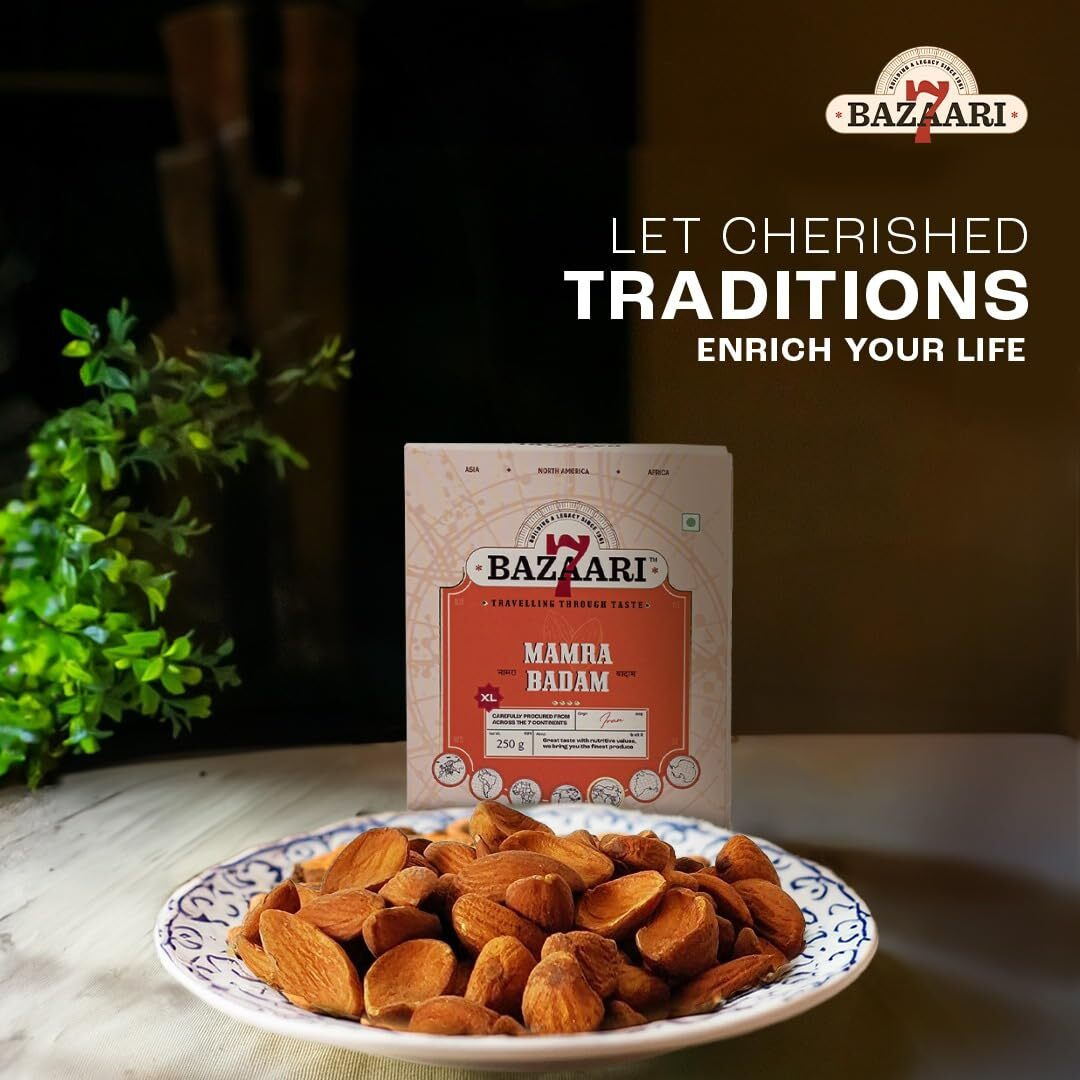 7 BAZAARI Premium Mamra Whole Almonds Xl 250G Extra Large & Crunchy Badam,Rich In Good Fats,Calcium,Potassium,Zinc,Magnesium-High Protein Snack,Low Carb,High Fiber-Boosts Heart Health (Pack Of 1)