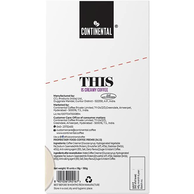 Continental This Creamy Coffee 180Gm | 3In1 Instant Premix Coffee Powder | 40 Sachets | Just Add Hot Water - Cafe Like Coffee