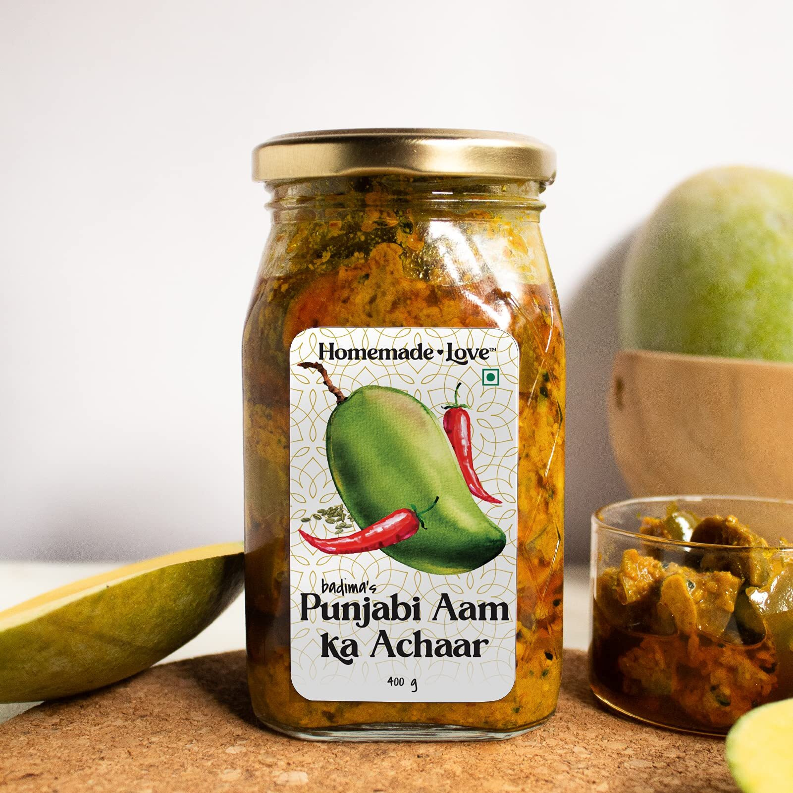 Homemade Love Authentic Punjabi Mango Pickle (400g)| Spicy & Tangy Aam Ka Achaar with Raw Mango, and Spices Mixed with Mustard Oil