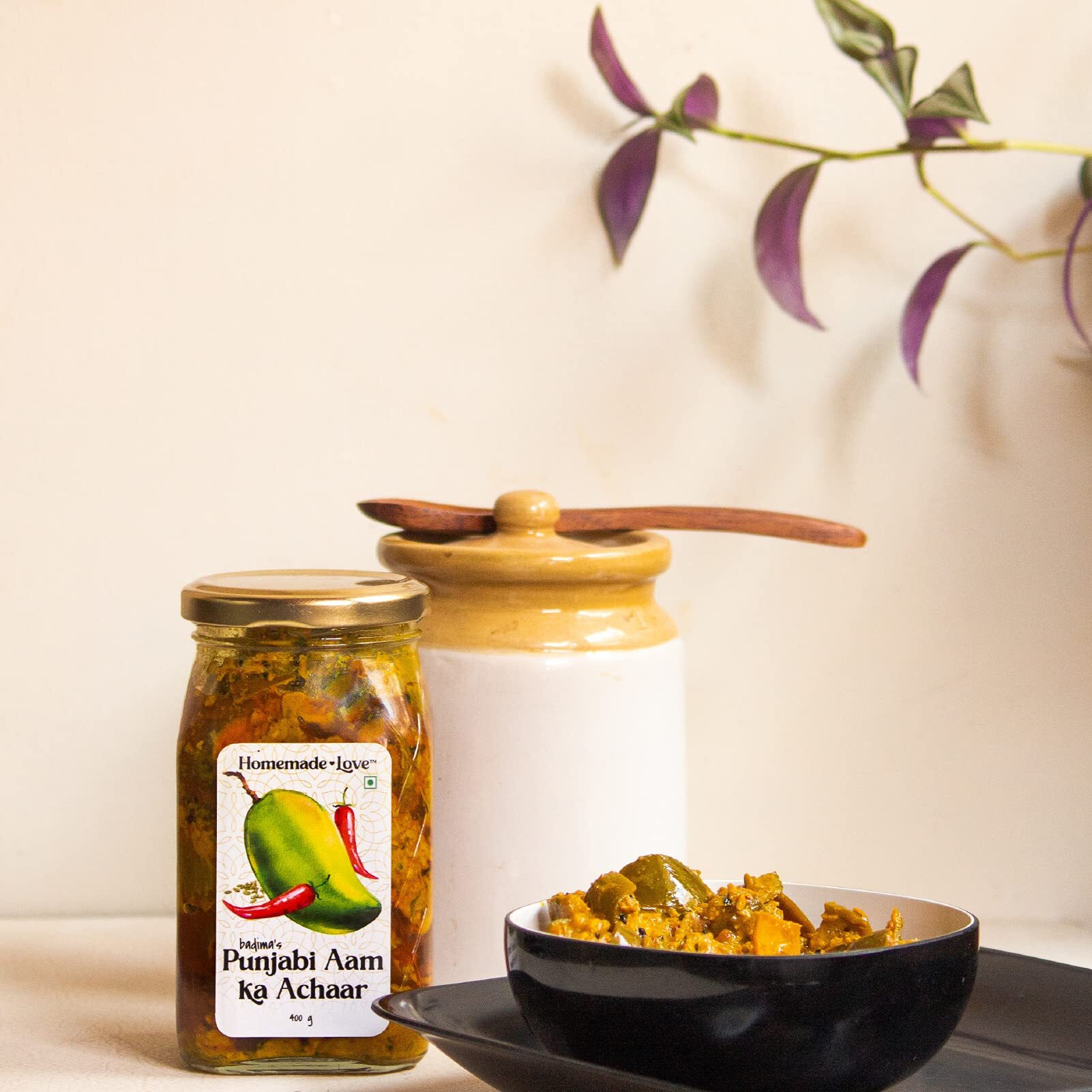 Homemade Love Authentic Punjabi Mango Pickle (400g)| Spicy & Tangy Aam Ka Achaar with Raw Mango, and Spices Mixed with Mustard Oil