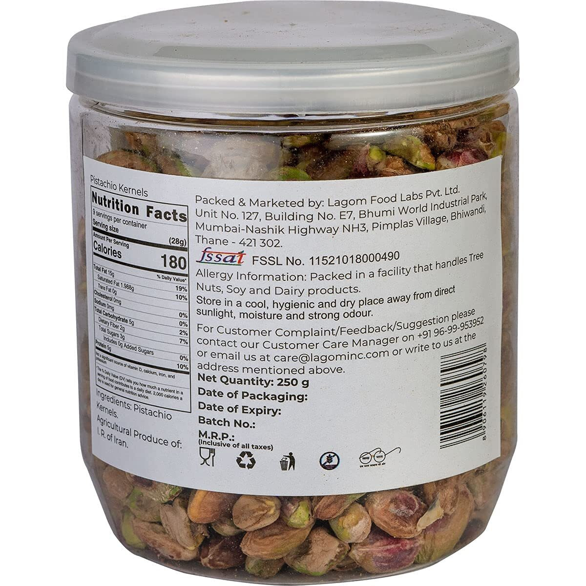 Lagom Gourmet Pistachio Kernels 250g | All Natural | No Preservatives | No Additives | Gluten Free | Vegan | Plant Based | Non GMO | Nuts | Dry Fruits | Pistachios | Pista Without Shell