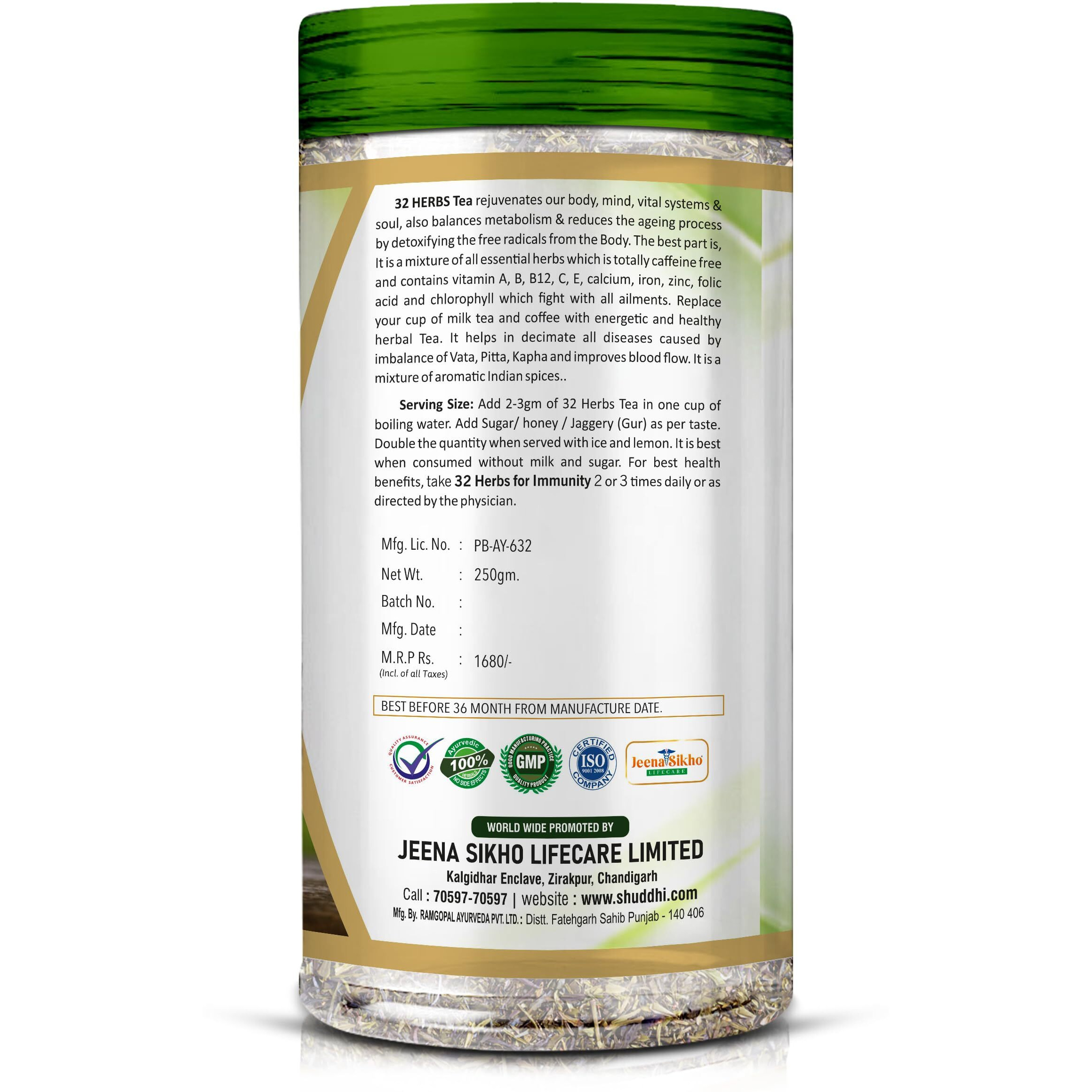 Shuddhi 32 Herbs Tea | Ayurvedic Detox Kadha | Natural Ingredients Dalchini, Gulab, And Giloy | Herbal KaadaTo Improve Digestion, Immunity, 250gm