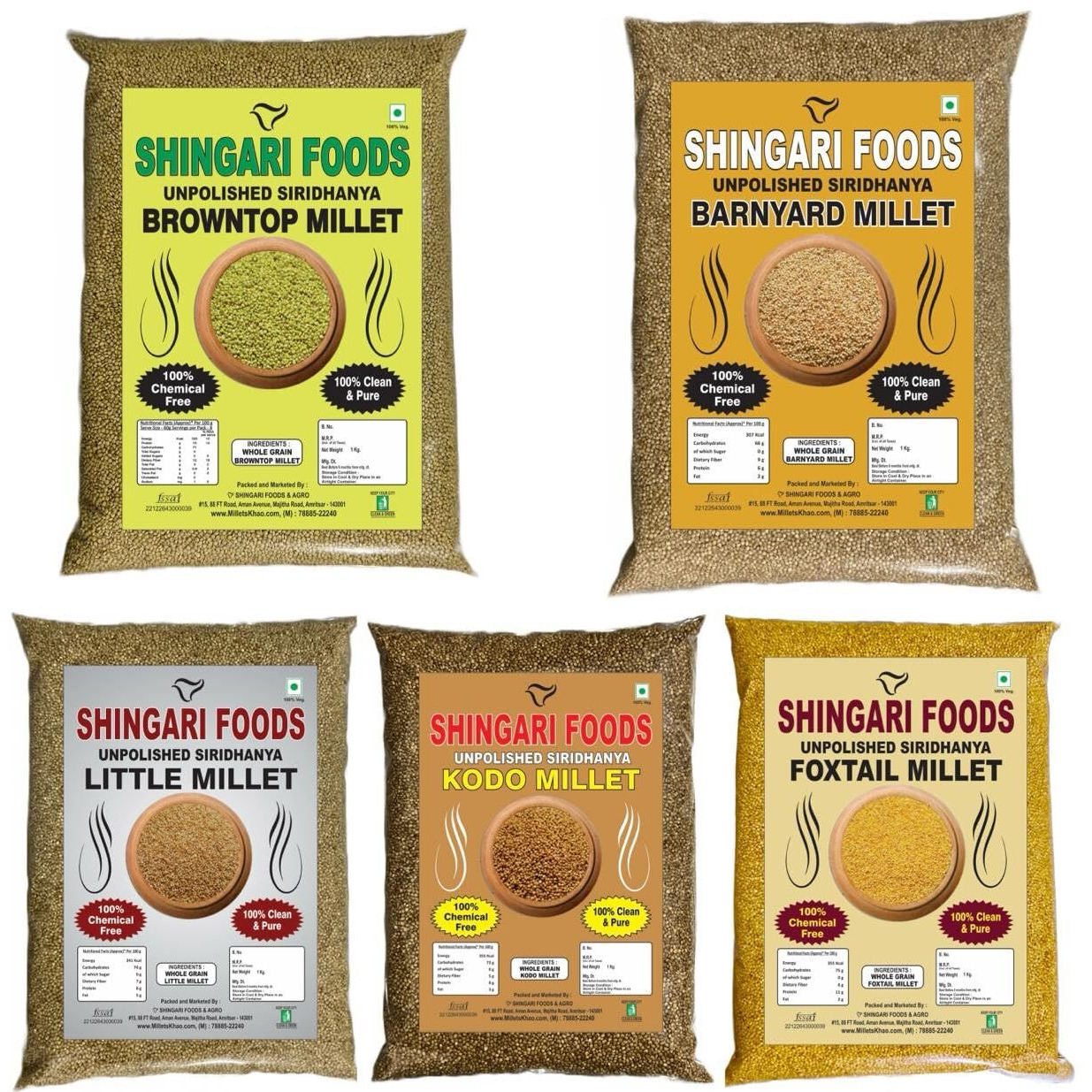 Puraatan Unpolished Siridhanya 5kg Combo(1kg x 5) | 1kg Browntop Millet, 1kg Kodo Millet, 1kg Little Millet, 1kg Barnyard Millet and 1kg Foxtail Millet | Dr khadar vali 5 Positive Millets