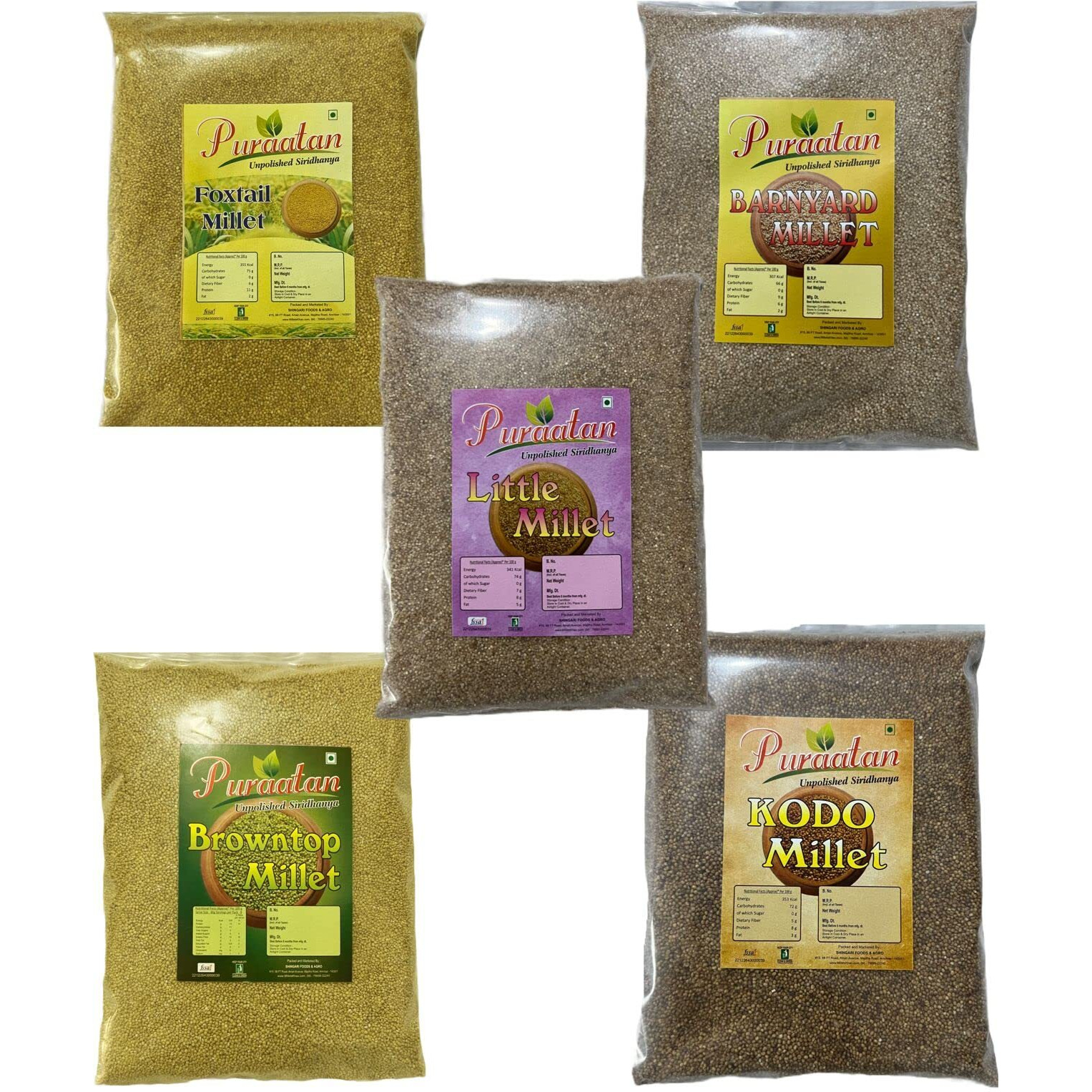 Puraatan Unpolished Siridhanya 5kg Combo(1kg x 5) | 1kg Browntop Millet, 1kg Kodo Millet, 1kg Little Millet, 1kg Barnyard Millet and 1kg Foxtail Millet | Dr khadar vali 5 Positive Millets