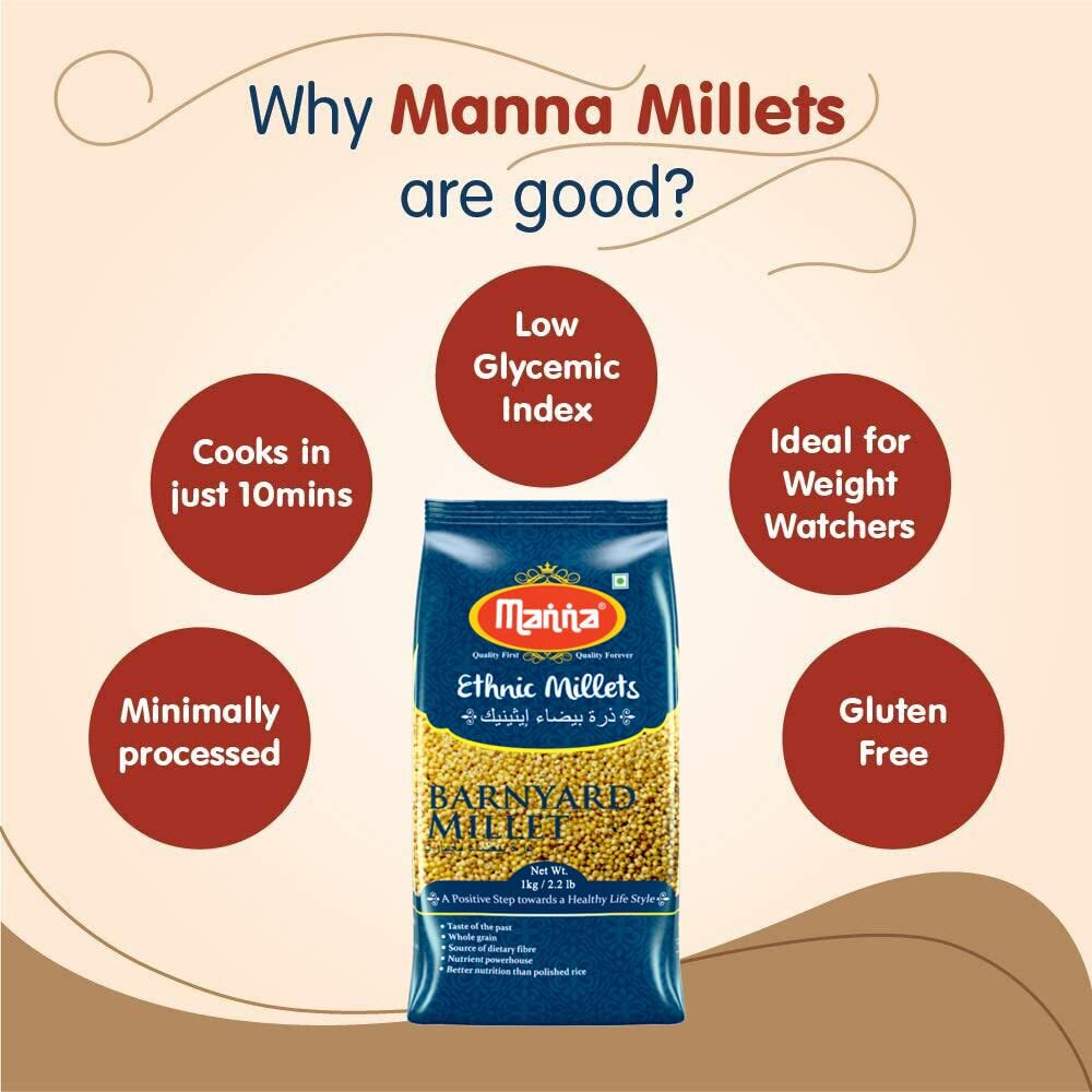 Manna Barnyard Millet (Unpolished) Natural Grains, 1kg (500g x 2 Packs) - (Khira/Swank/Kuthiraivally/Udalu/Kodisama/siridhanya) | Native Low GI Millet Rice | High Protein & 100% more fibre than rice