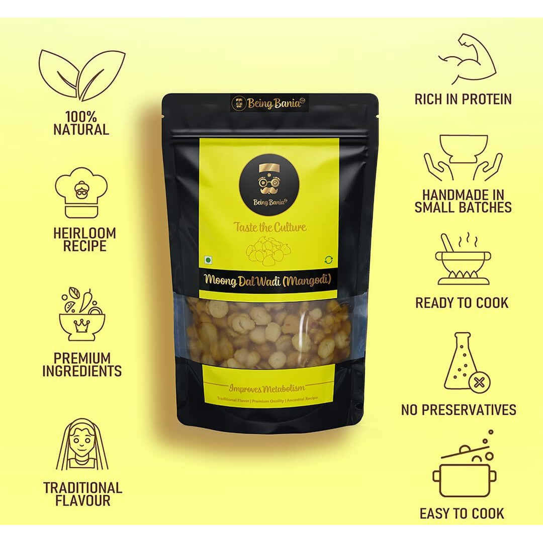 Being Bania Homemade Rajasthani Mangodi / Mungori Wadi / Badi, 500 Gms | Hand made | Made with Moong Daal | Rich in Protein | Premium Moong Dal | No Added Preservatives | Ready to Cook |