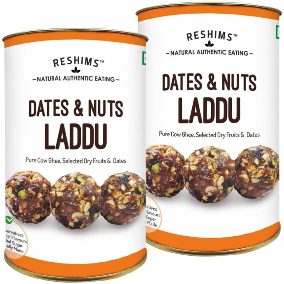 RESHIMS Natural Authentic Eating Healthy Dry Fruits & Dates Laddu | Sugar-Free | Energy-Bar replacement | Contains Cow-Ghee | No Flavours added | No Preservatives | No Sugar added (Premium Can 480 GM)