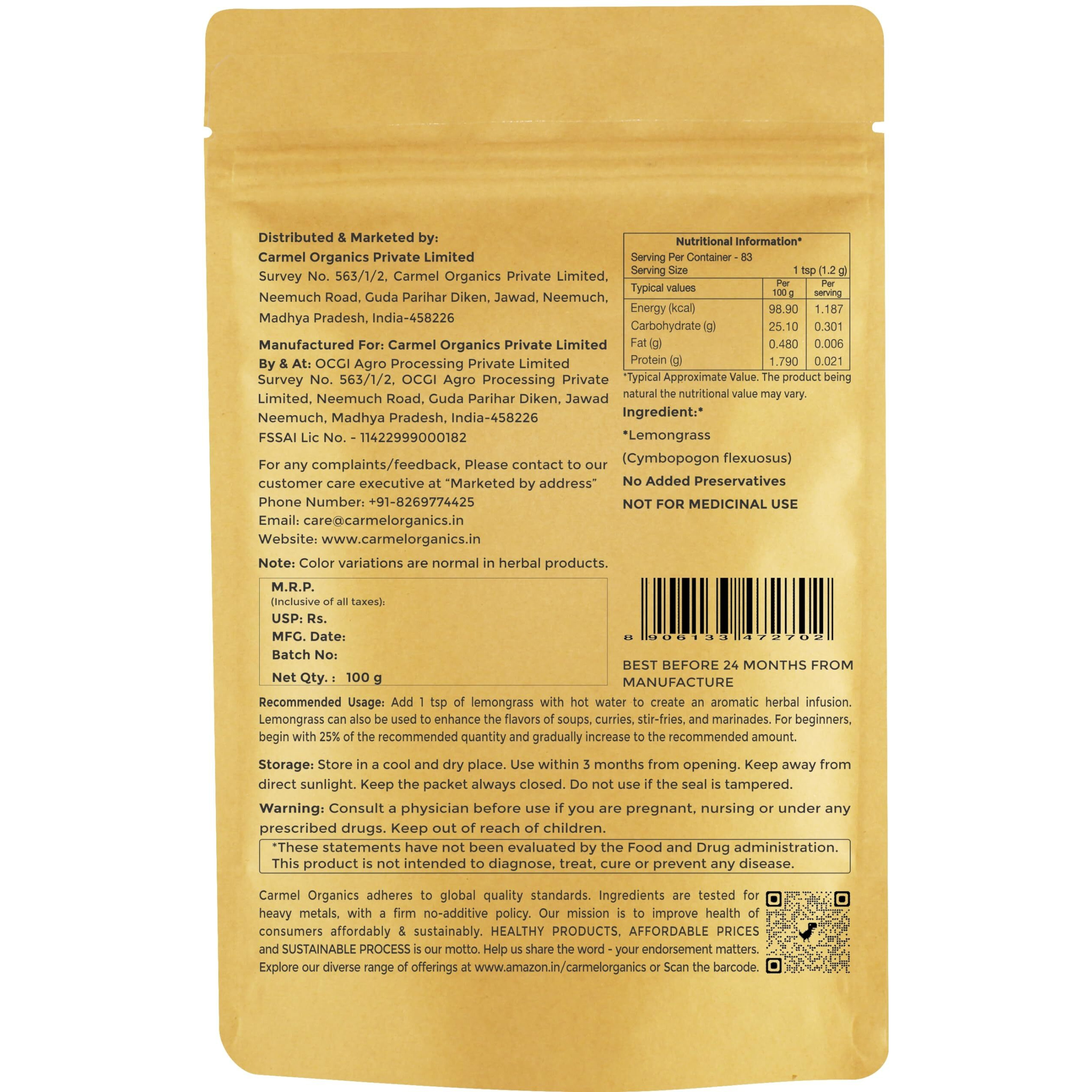 Carmel Organics Lemongrass Whole 100 gm | Makes 50+ Cups of Herbal Tea | Natural | No Added Preservatives | Chukku Khasi or Elumichai Poondu,Karpooravalli,Nimmakaya Pulihora | Cymbopogon flexuosus