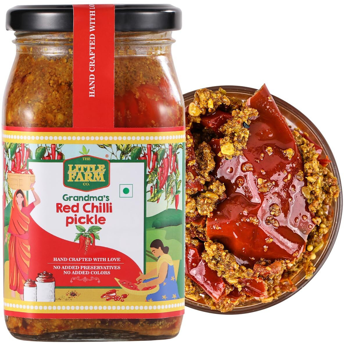 THE LITTLE FARM CO Banarasi Red Chilli Pickle - Lal Mirch ka Achar | Less Oil Mustard Base Homemade Stuffed Chilli Pickles | No Added Preservatives, No Artificial Flavours | Traditional Recipe, 400g