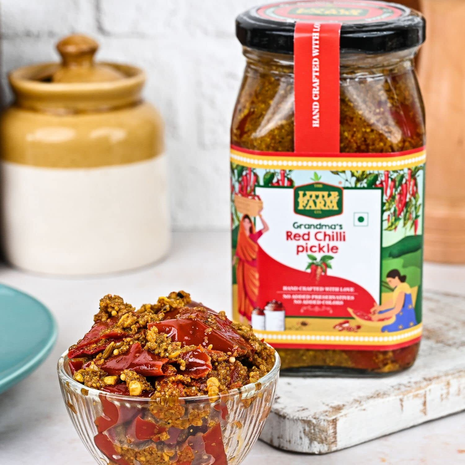 THE LITTLE FARM CO Banarasi Red Chilli Pickle - Lal Mirch ka Achar | Less Oil Mustard Base Homemade Stuffed Chilli Pickles | No Added Preservatives, No Artificial Flavours | Traditional Recipe, 400g