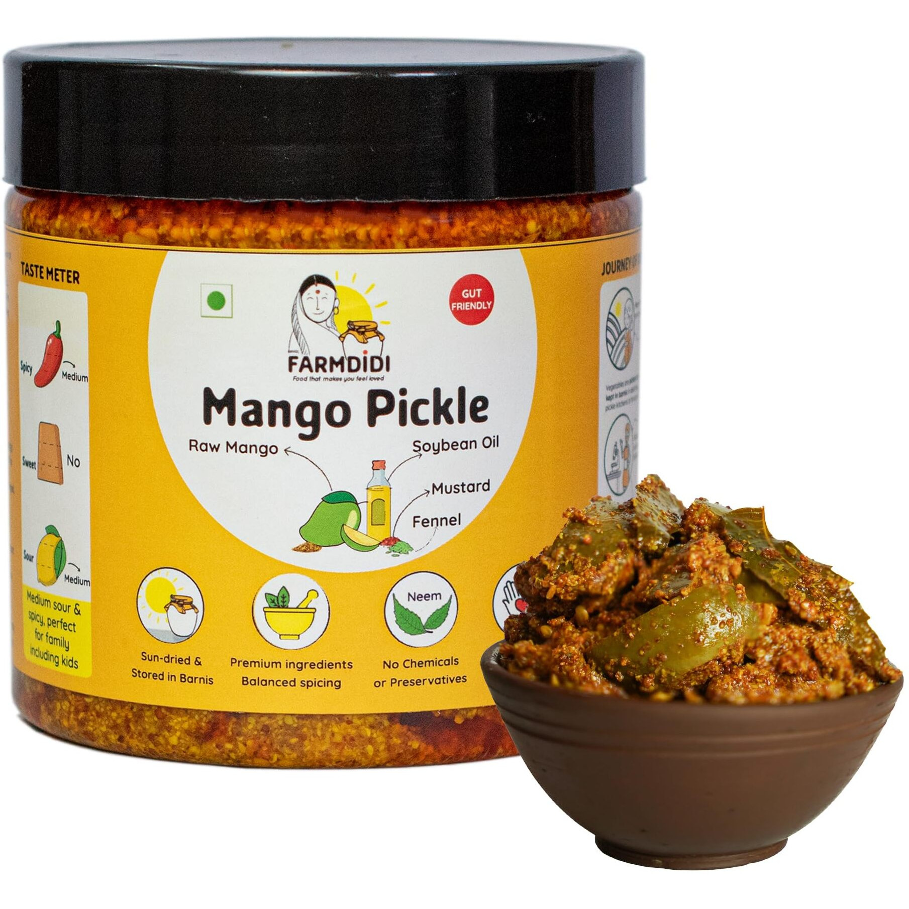 FarmDidi Mango Pickle 325g Mango Pickles Homemade | Traditional Indian Achar | Less Oil Aam ka achar home made Pickle in fresh | Dry Sukha Aam Ka Achaar made with Organic Methods & Preservative free