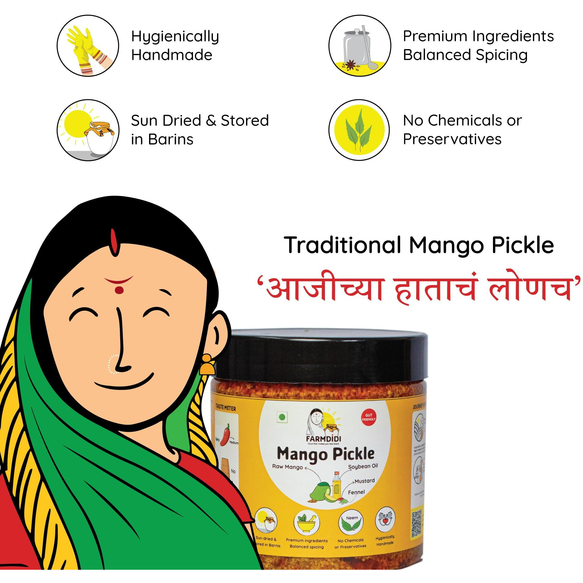 FarmDidi Mango Pickle 325g Mango Pickles Homemade | Traditional Indian Achar | Less Oil Aam ka achar home made Pickle in fresh | Dry Sukha Aam Ka Achaar made with Organic Methods & Preservative free