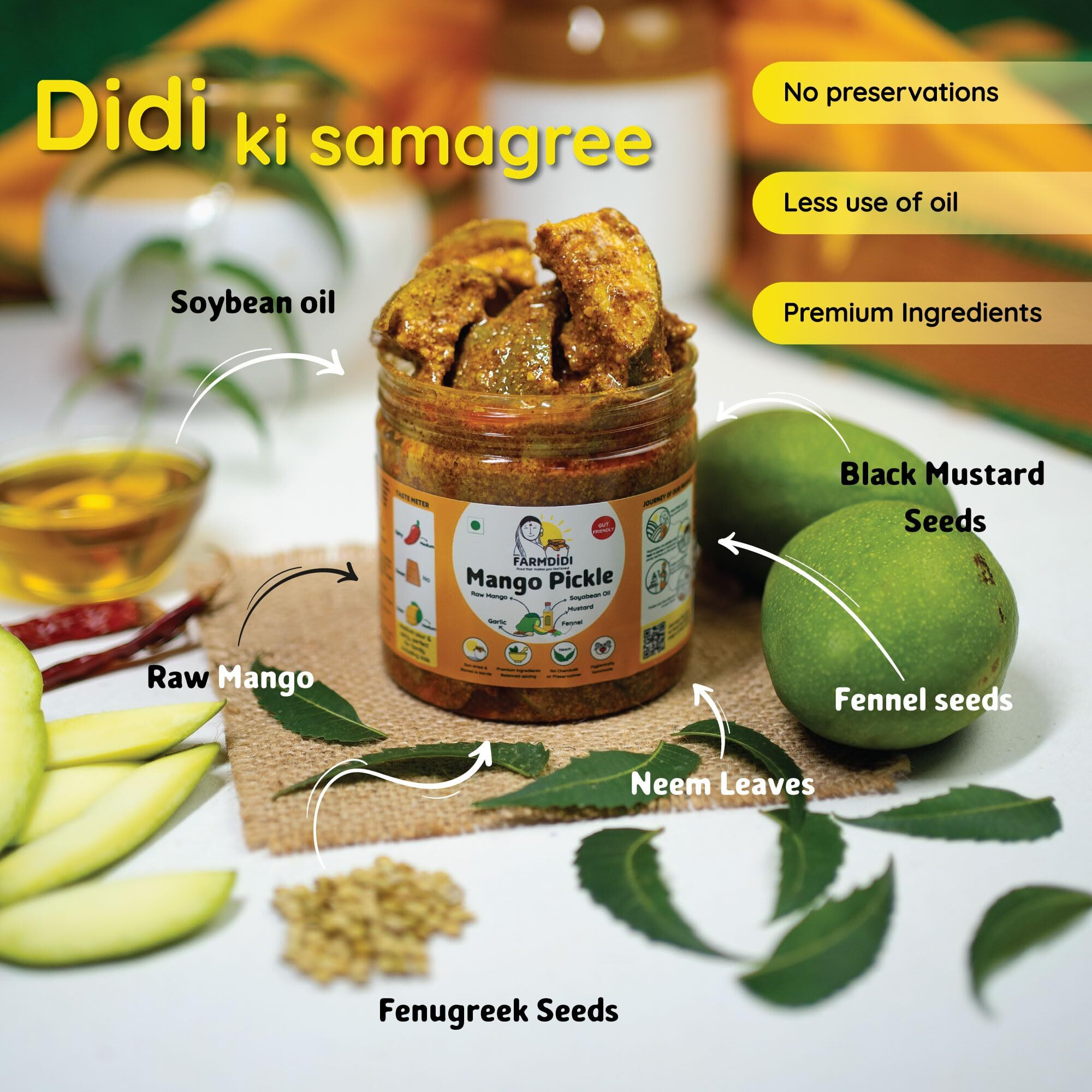 FarmDidi Mango Pickle 325g Mango Pickles Homemade | Traditional Indian Achar | Less Oil Aam ka achar home made Pickle in fresh | Dry Sukha Aam Ka Achaar made with Organic Methods & Preservative free