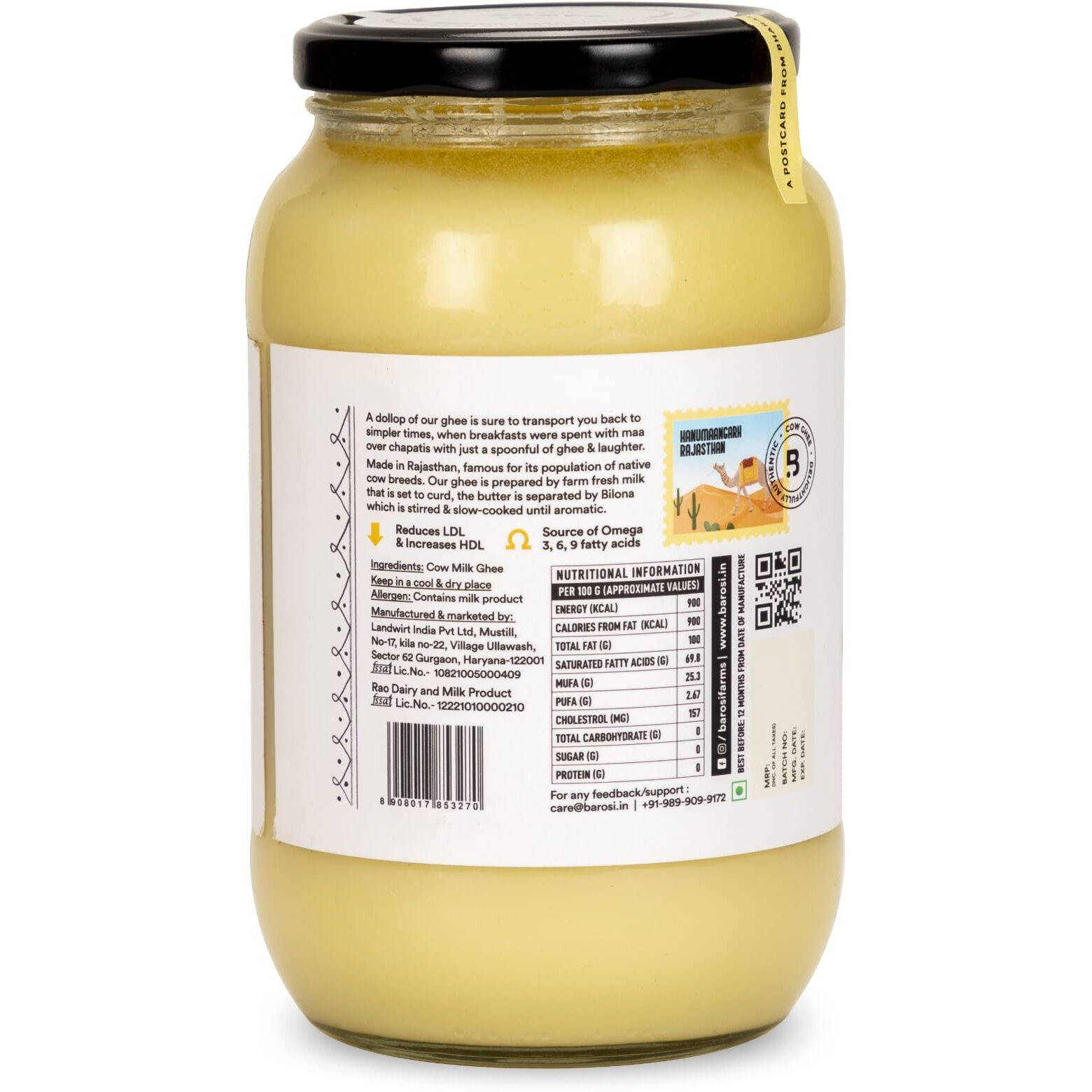 Barosi Premium Cultured Desi Cow Ghee 1 Litre | Vedic Bilona Method | Churned From Curd | Pure & Natural | Farm Made In Small Batches | Glass Jar Packing