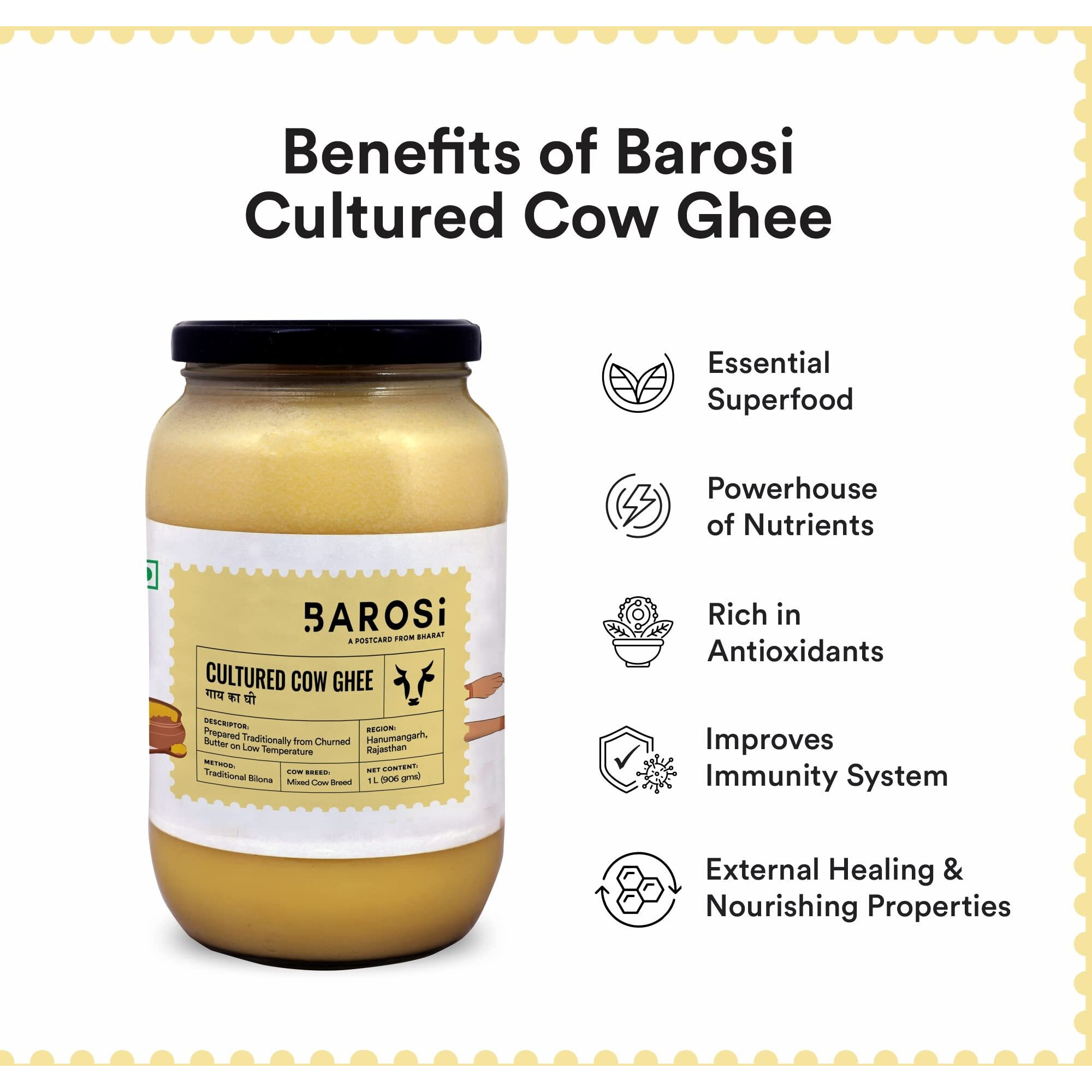 Barosi Premium Cultured Desi Cow Ghee 1 Litre | Vedic Bilona Method | Churned From Curd | Pure & Natural | Farm Made In Small Batches | Glass Jar Packing