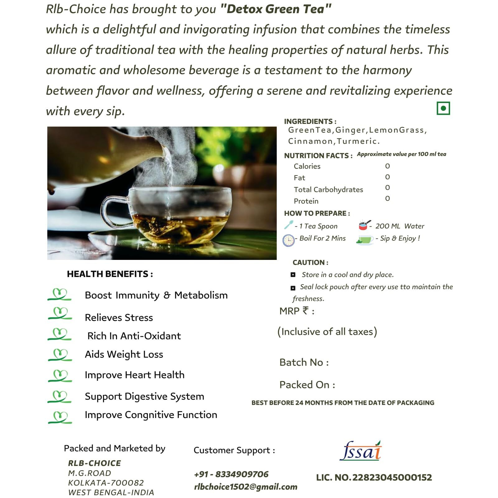 Rlb Choice-Detox Loose Leaves Green Tea-Your Path To Wellness-Purity In Every Sip, Better Digestion, Boost Immunity, Skin Glow,80 Grams