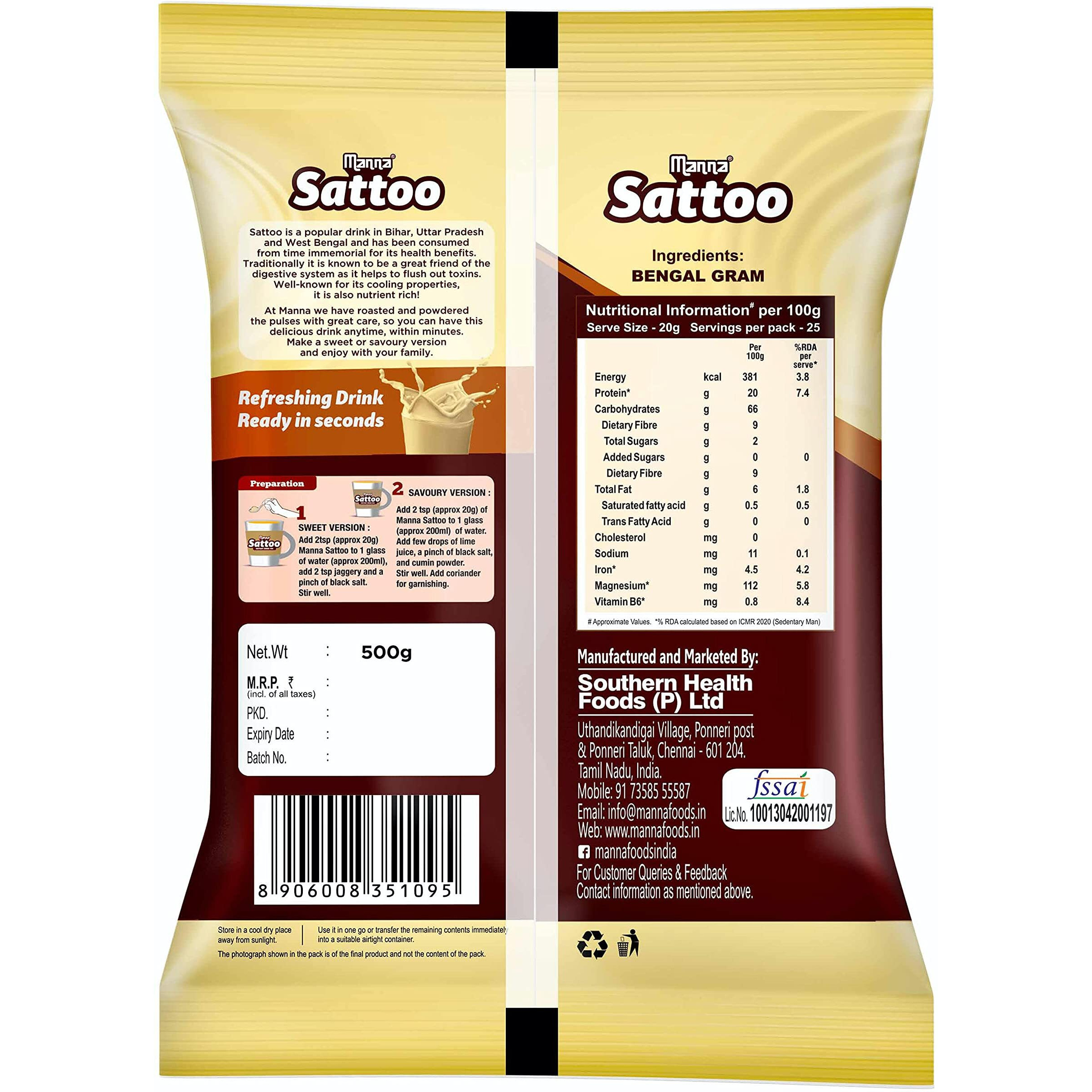 Manna Sattu Atta 2.5Kg 100% Channa Sattu Roasted Gram Atta Flour (500 X 5 Packs)