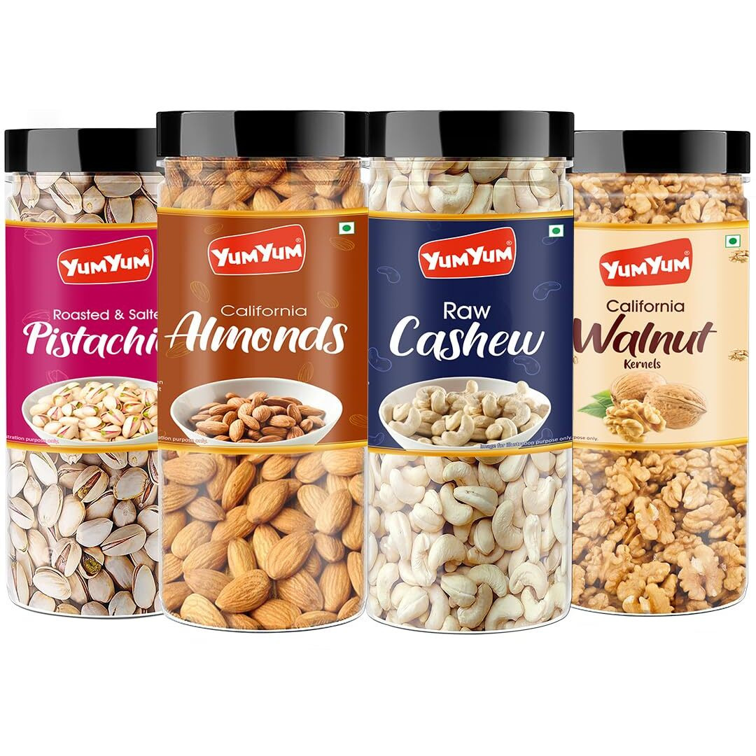 YUM YUM Dry Fruits 600g Combo Pack Of - Badam, Kaju, Pistachio & Akhrot Giri 150g Each - Almonds, Cashews, Pistachios, Walnuts