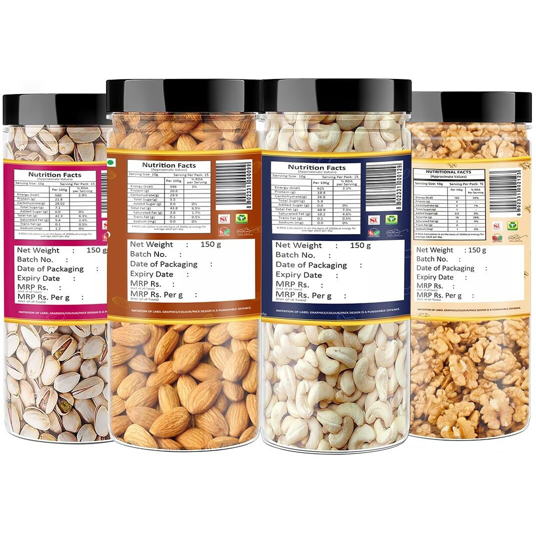 YUM YUM Dry Fruits 600g Combo Pack Of - Badam, Kaju, Pistachio & Akhrot Giri 150g Each - Almonds, Cashews, Pistachios, Walnuts