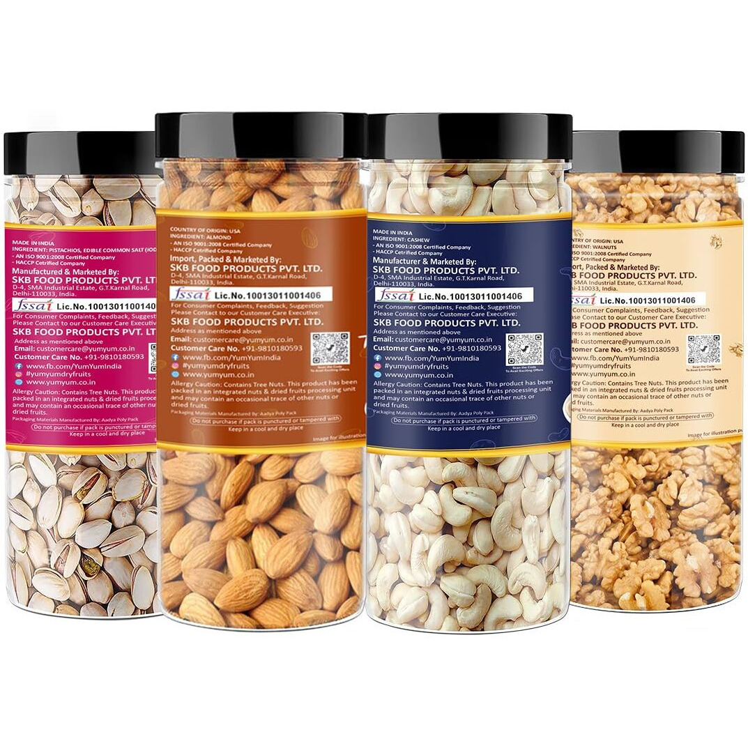 YUM YUM Dry Fruits 600g Combo Pack Of - Badam, Kaju, Pistachio & Akhrot Giri 150g Each - Almonds, Cashews, Pistachios, Walnuts