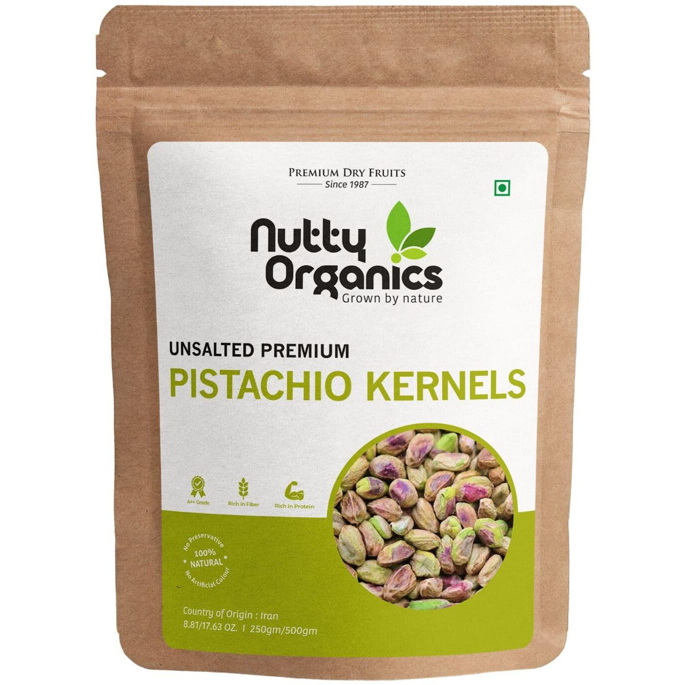 NUTTY ORGANICS Premium Unsalted Whole Pista Kernels - 250G | Imported | Fresh & Crunchy | (Grade A ++ Nuts, Premium Jumbo Size, Imported) - Air Tight Pouch